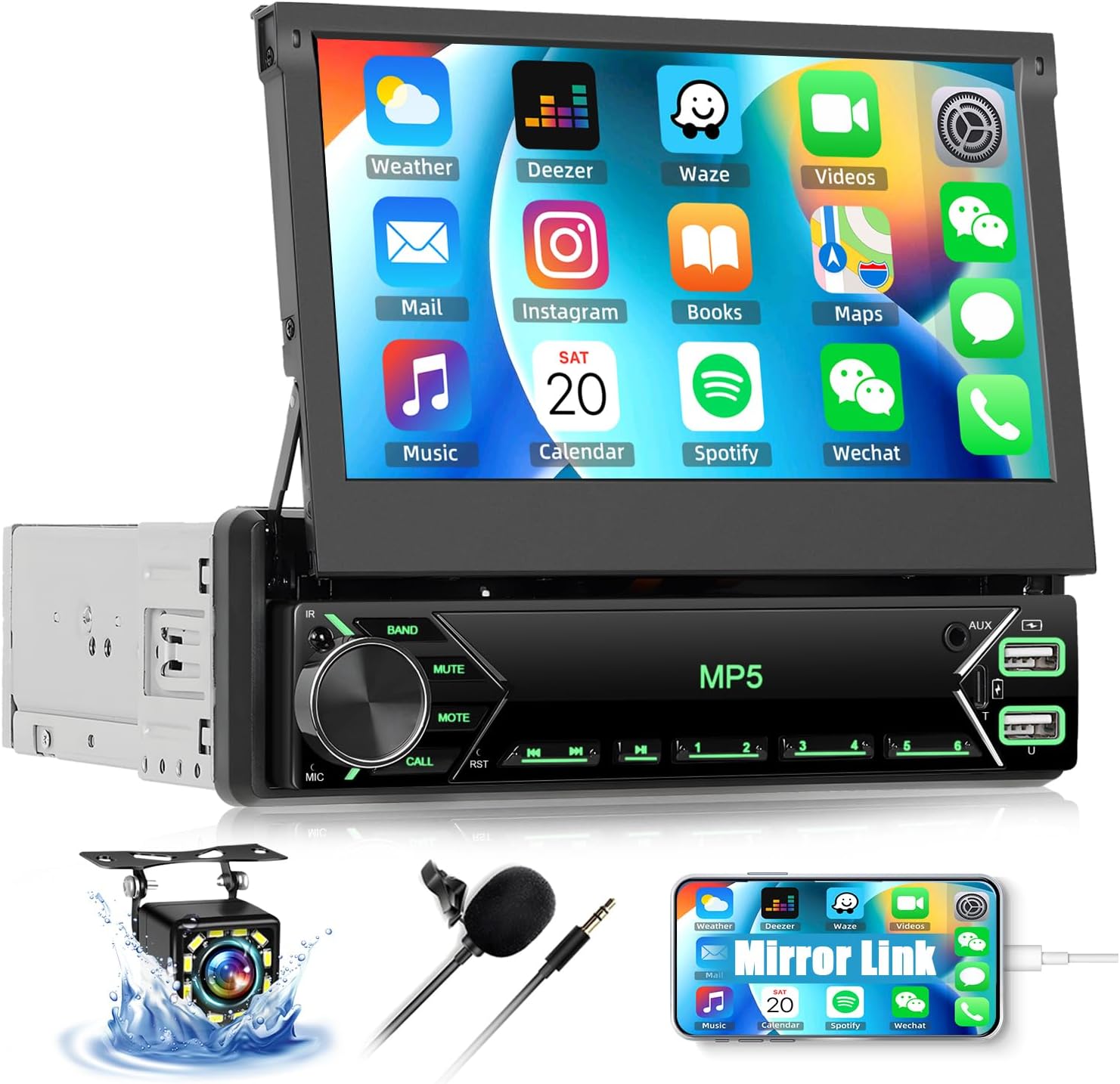 - 7 Inch IPS Single Din Car Stereo Support Mirror Link, Flip Out Car Radio with Backup Camera, Touchscreen Radio with Bluetooth Hands-Free FM Radio Type-C USB AUX EQ SWC Microphone Head Unit