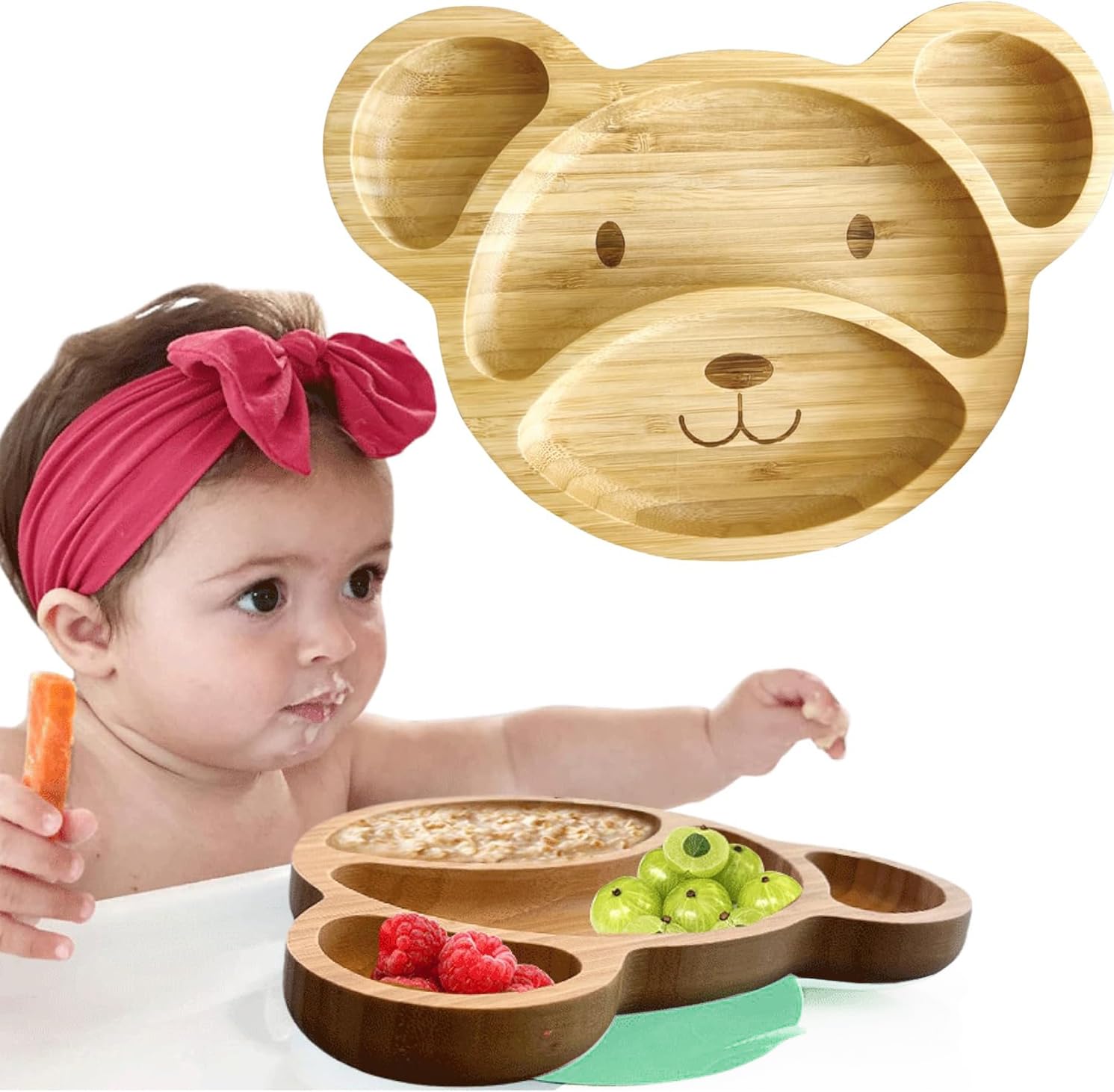 Bamboo Plates for Kids – Baby & Toddler Plates with Suction for Feeding & Weaning, Eco-Friendly Bear Design Promotes Self-Feeding, Ideal for Busy Moms & Dads, Sturdy & BPA-Free (Mint)