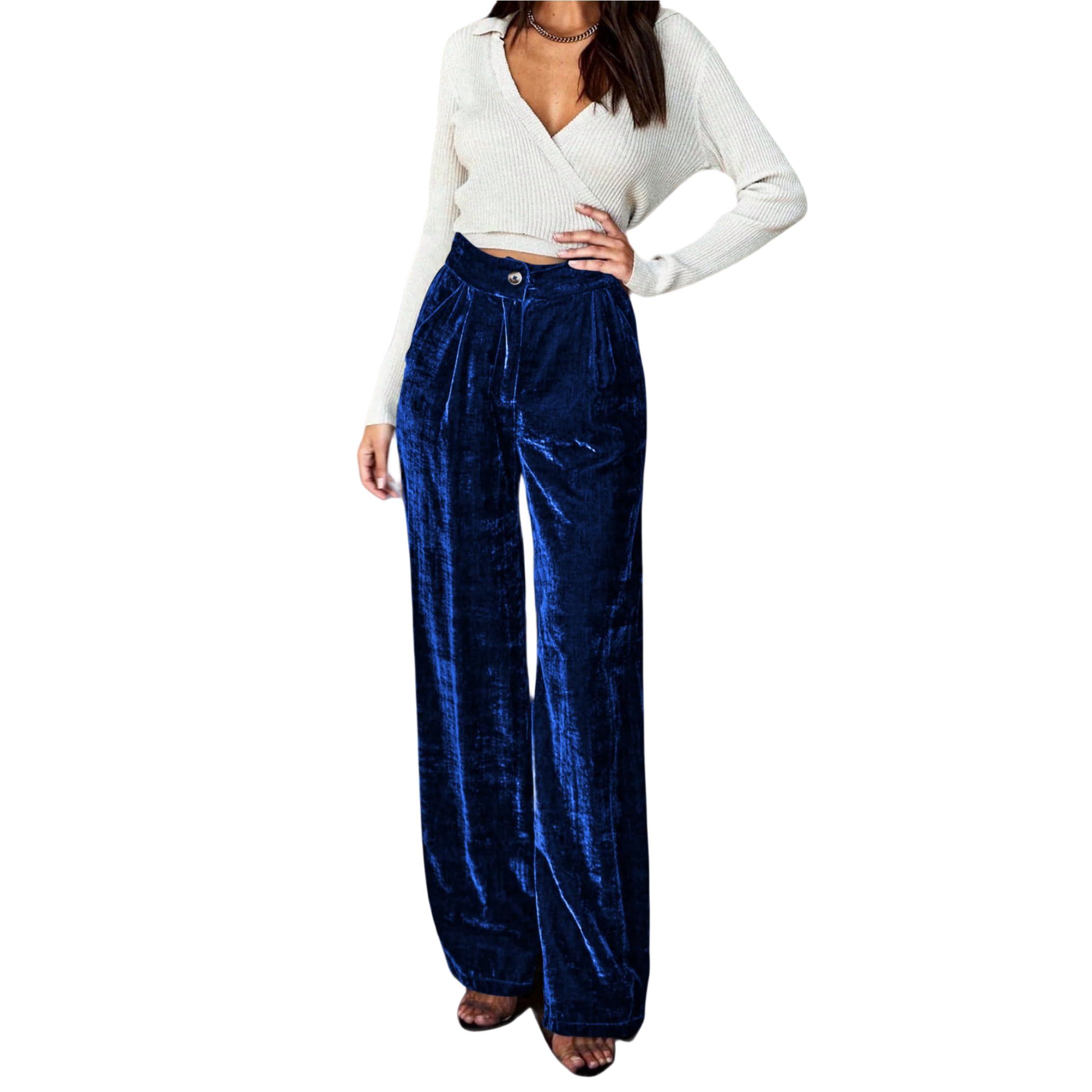 JUMISEE Womens Velvet Wide Leg Pants Elastic High Waisted Palazzo Pants Business Work Casual Trousers with Pockets