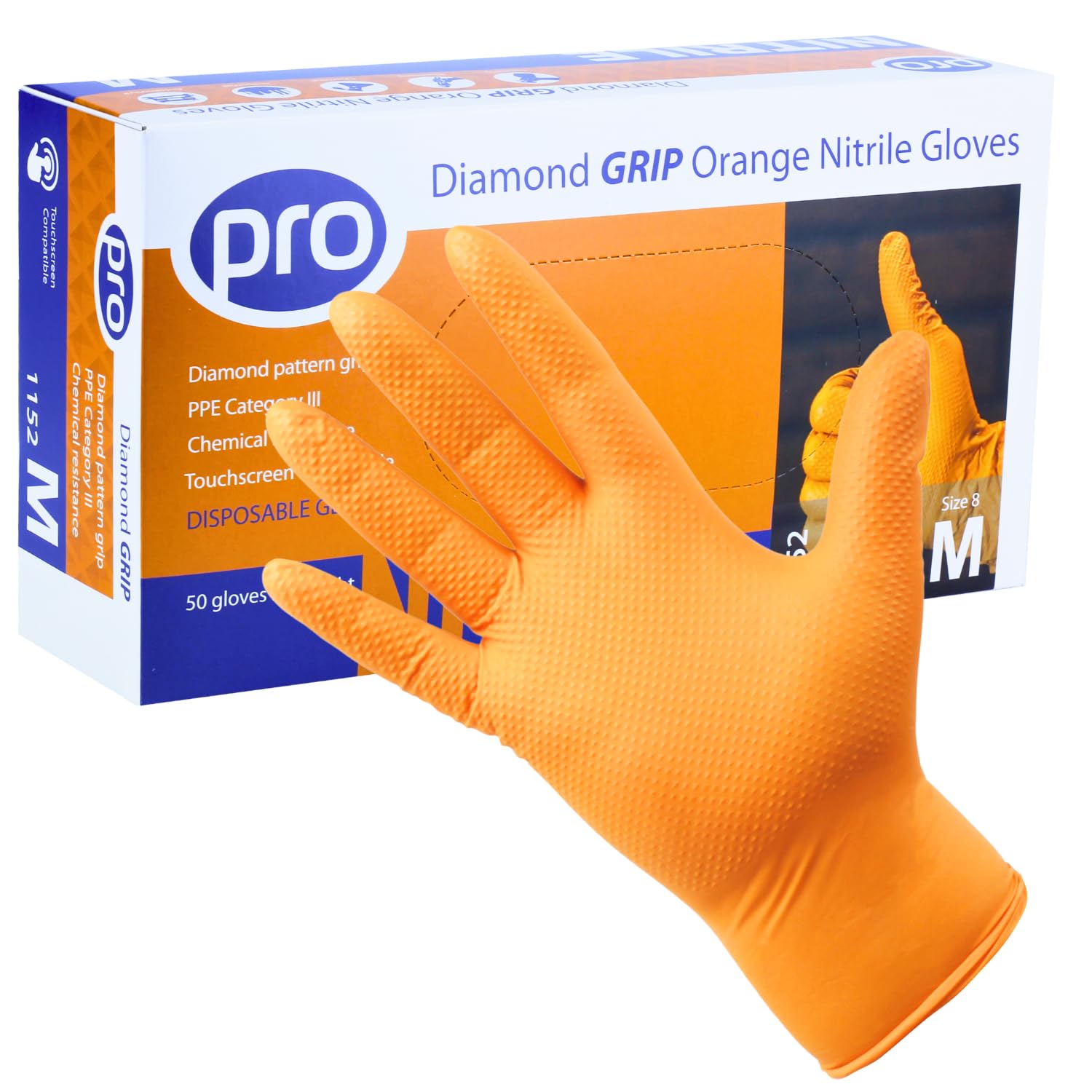 PRO Diamond Grip Orange Disposable Gloves - Heavy Duty Nitrile Glove - 50 Pack - Extra Extra Large - Powder-Free, Latex-Free - Mechanic Gloves, Workshop, Automotive & Industrial PPE โ image 1