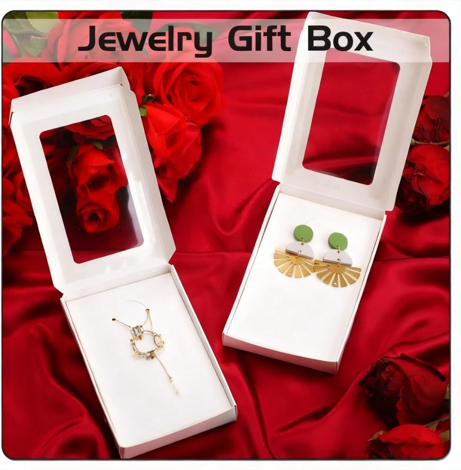 30 Pcs Small Jewelry Gift Boxs 5.4"x3.4"x0.7" Paper Necklace Box Bulk with Clear Window 30 Display Card 36 Sticker for Displaying Necklaces Rings Bracelets Earrings(White) image 5