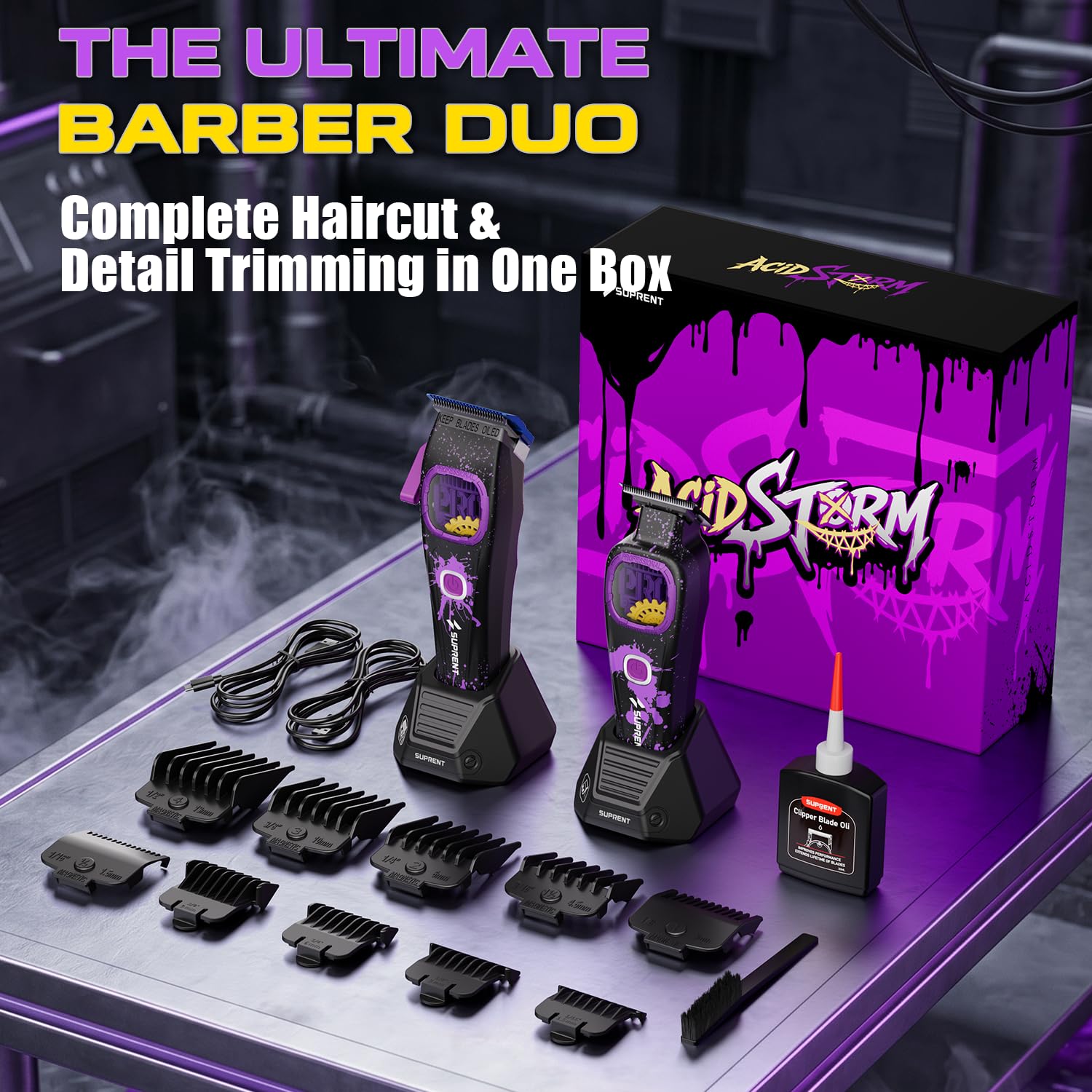 SUPRENT Profi-Haarschneideset für Herren – kabellos, mit Nullspalt-Trimmer, starkem Motor, titanbeschichteten Klingen und Ladestationen.