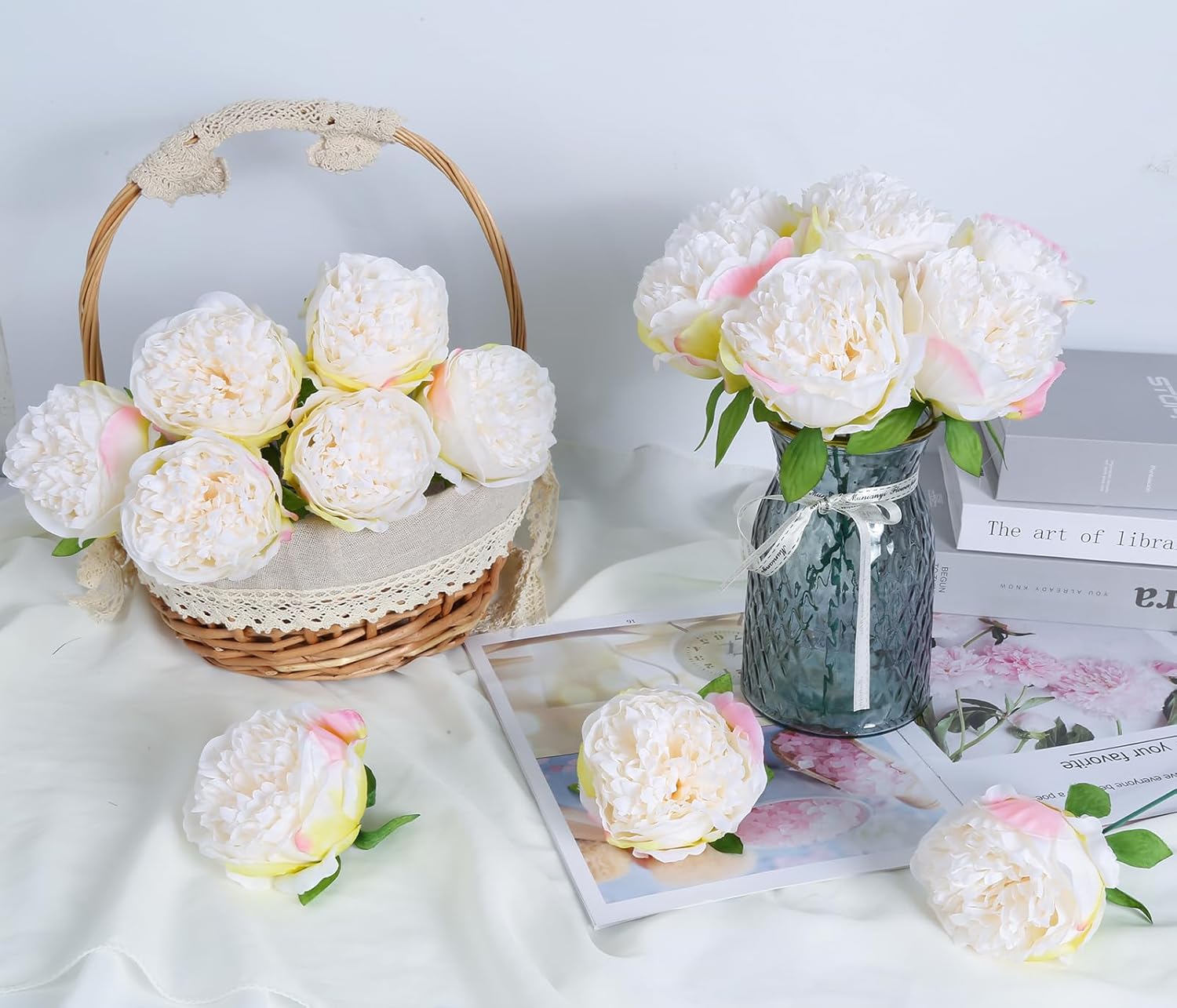 16pcs Peony Artificial Flowers Fake Peonies Bulks Cream White Silk Peonies Flowers Faux Peony Flowers Heads with Stems for Home Wedding Party Festival Baby Shower Decorations (Cream White) - Image 3