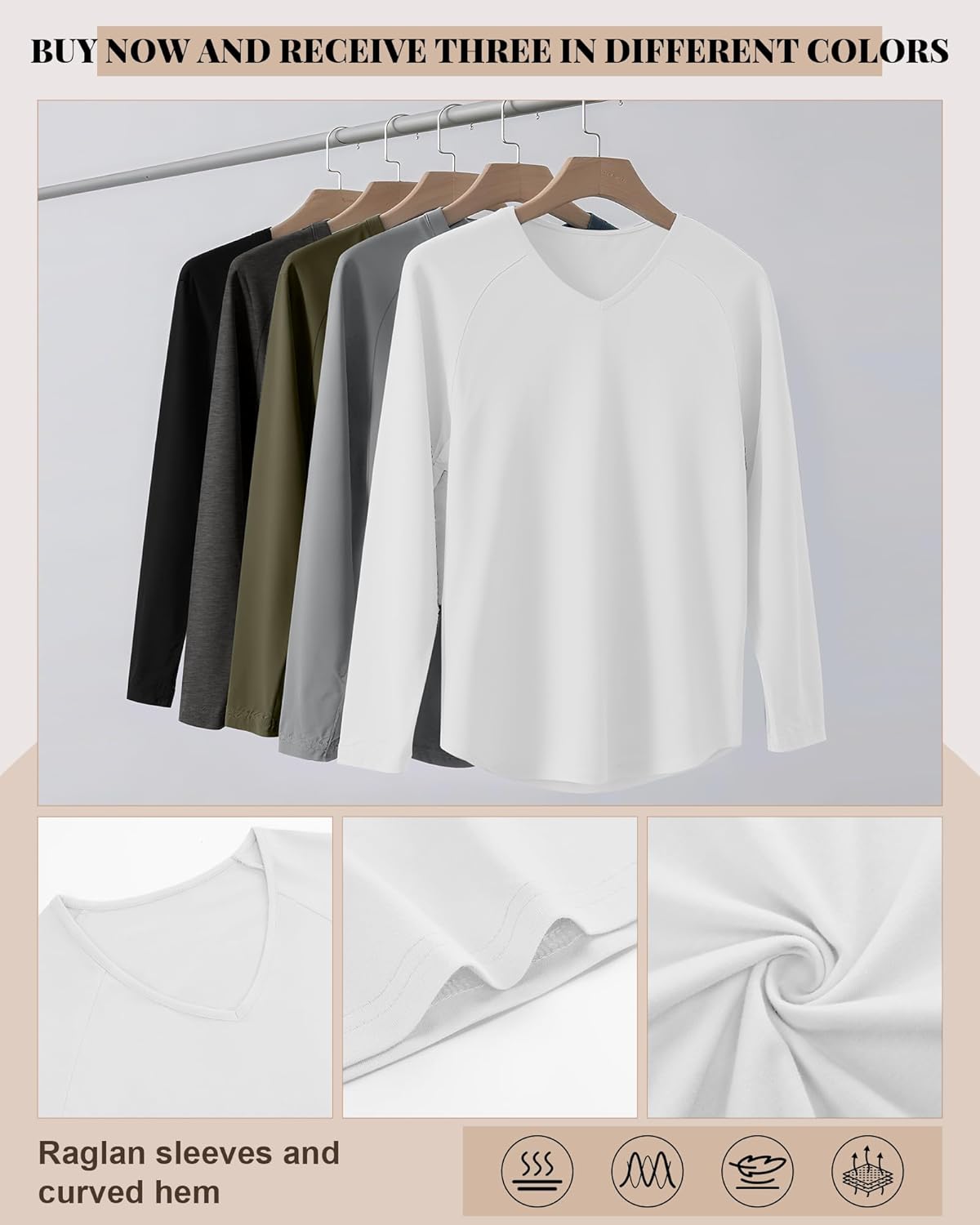 Riyiper 3 Pack Men's Long Sleeve T-Shirts V Neck Curved Hem Casual Raglan Shirts Stretch Lounge Basic Fall Plain Layer Tops - Image 6