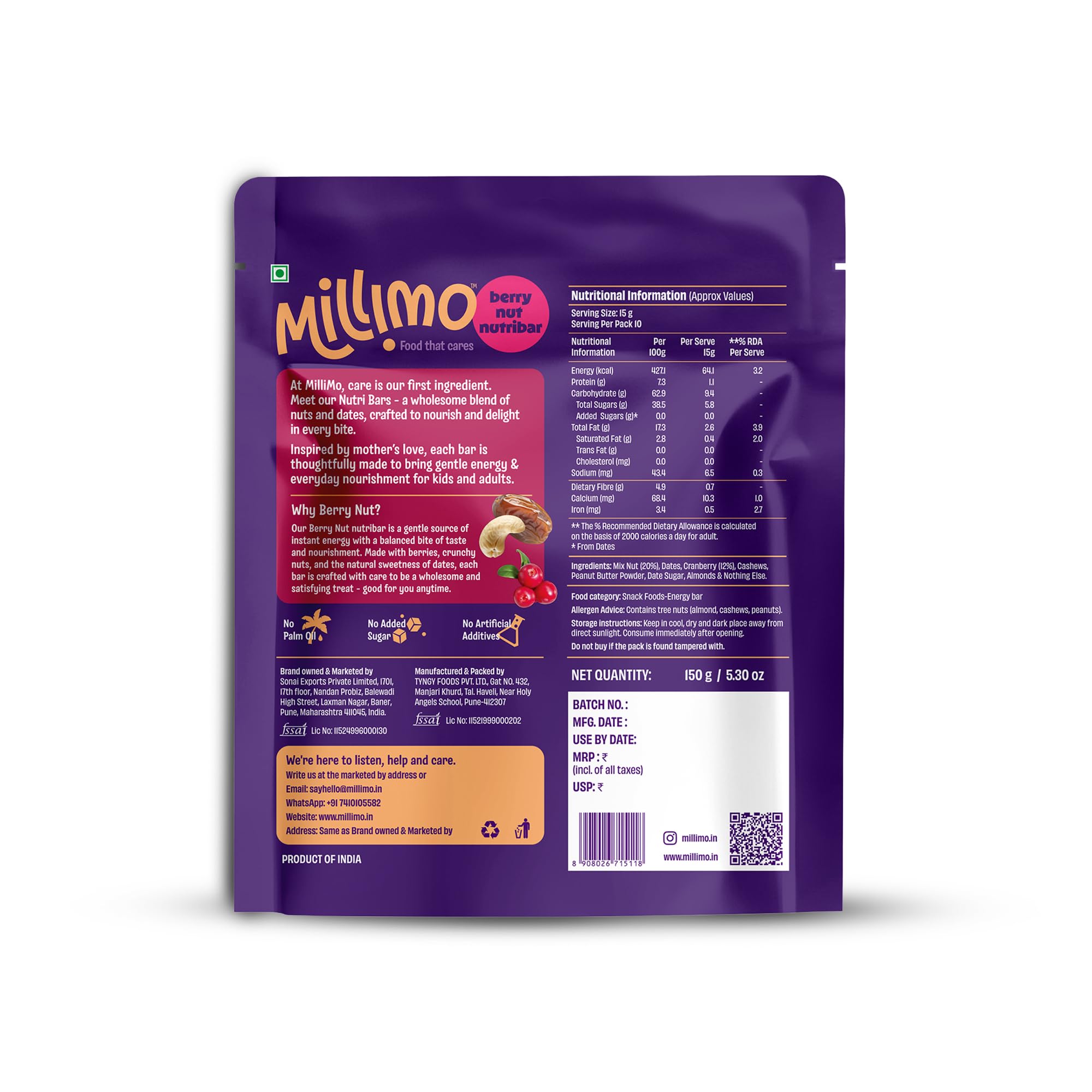 Millimo Kids Nutribar – Berry Nut, 150g | Natural Protein & Fibre from Real Ingredients | Dates, Cranberries, Almonds, Cashews | No Refined Sugar — Amazon image 2