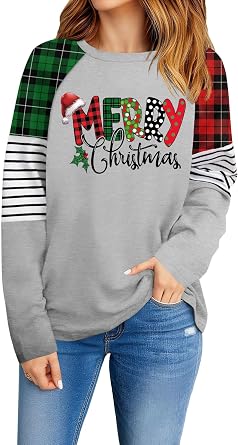 Long Sleeve Christmas Shirts for Women Merry Christmas Leopard Striped T-Shirt Xmas Graphic Holiday Tops