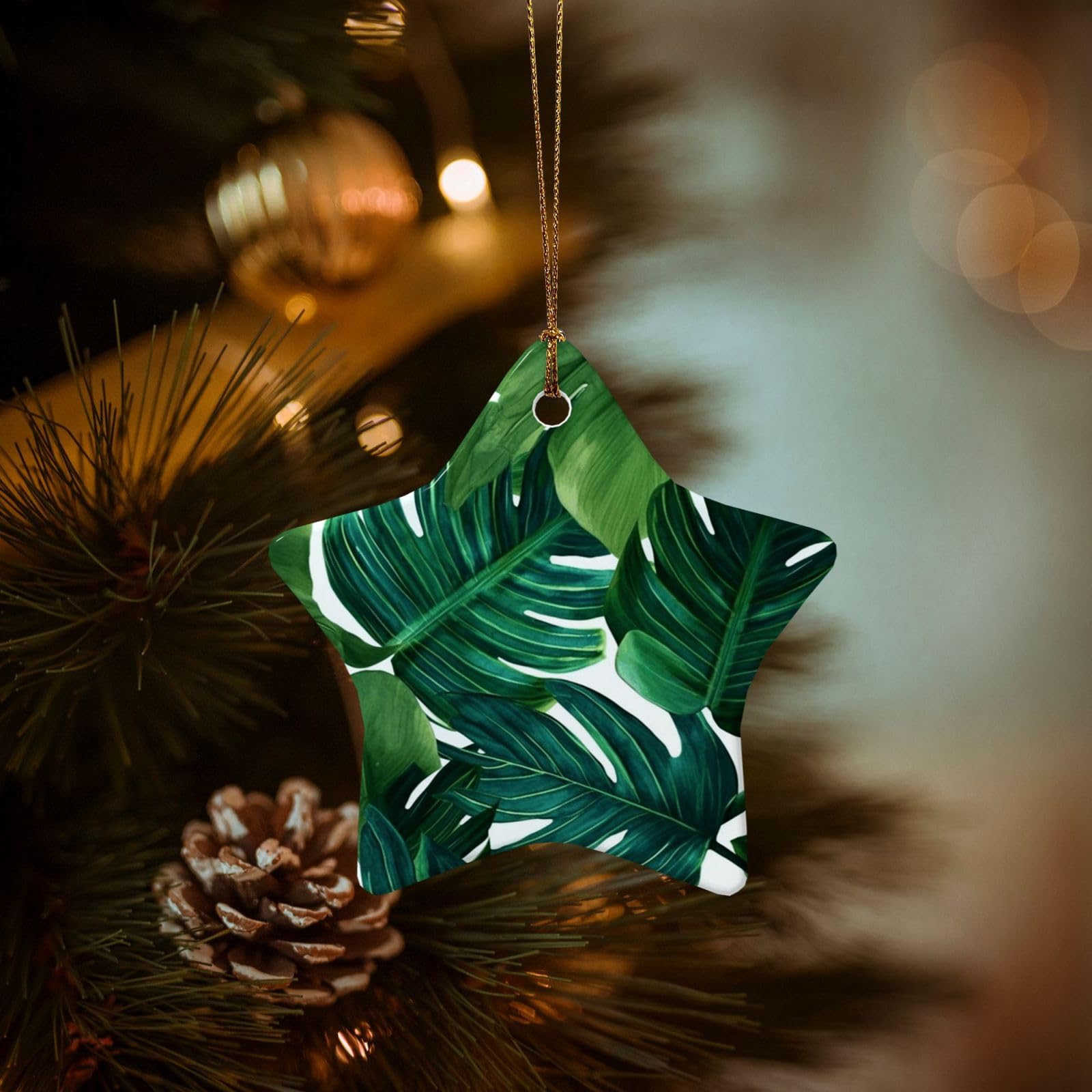 Christmas Ornaments for Christmas Tree Decoration Hanging Banana Leaves Ornament with Gold Ribbon Crafts Star Shape Ceramic Pendant for Keepsake Gifts Xmas Decor Party Supplies