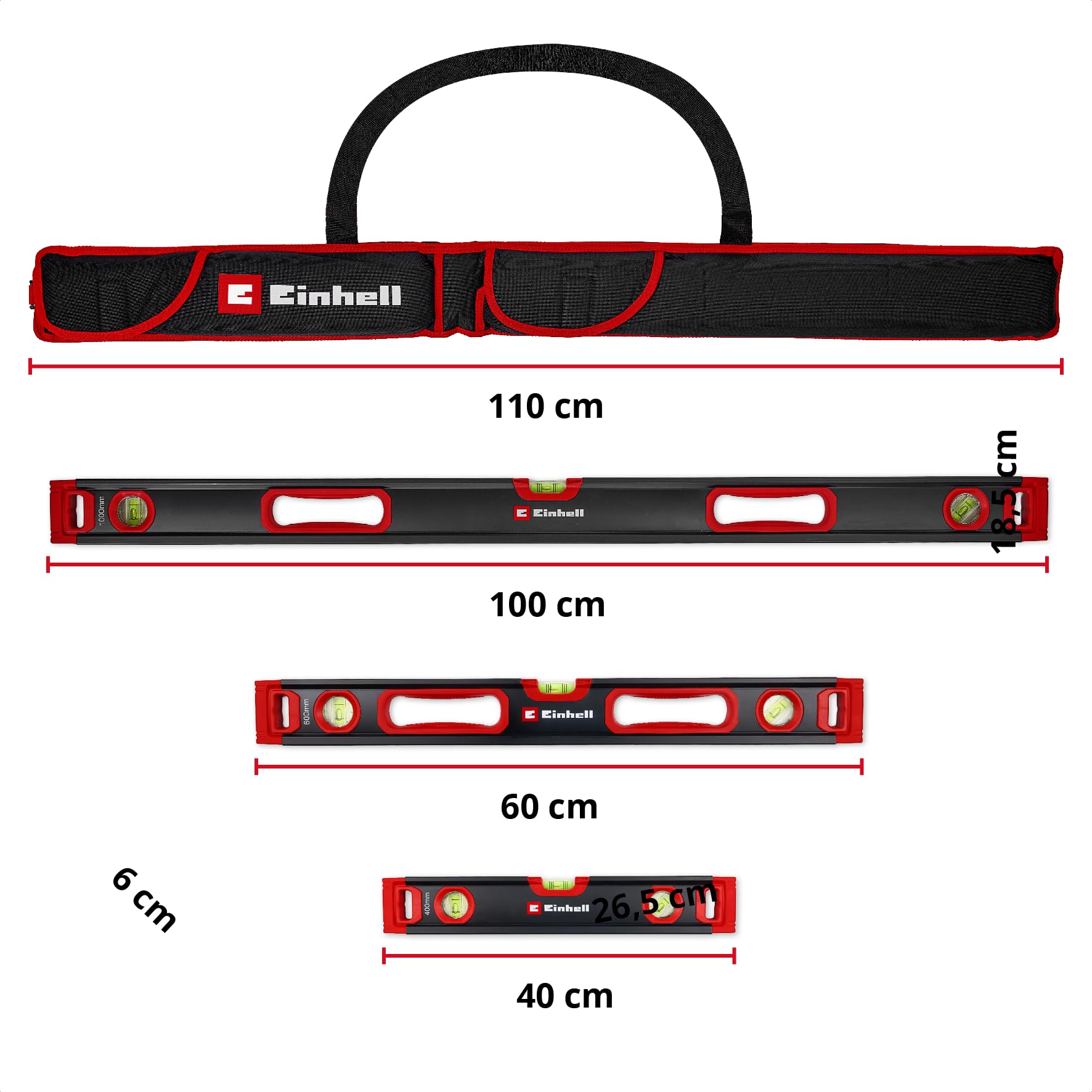 Einhell set di livelle professionali da 3 pezzi, 40/60 / 100 cm | Profilo alluminio | 3 fiale | base magnetica | precisione ±0,5 mm/m | terminali gomma | borsa trasporto incl.