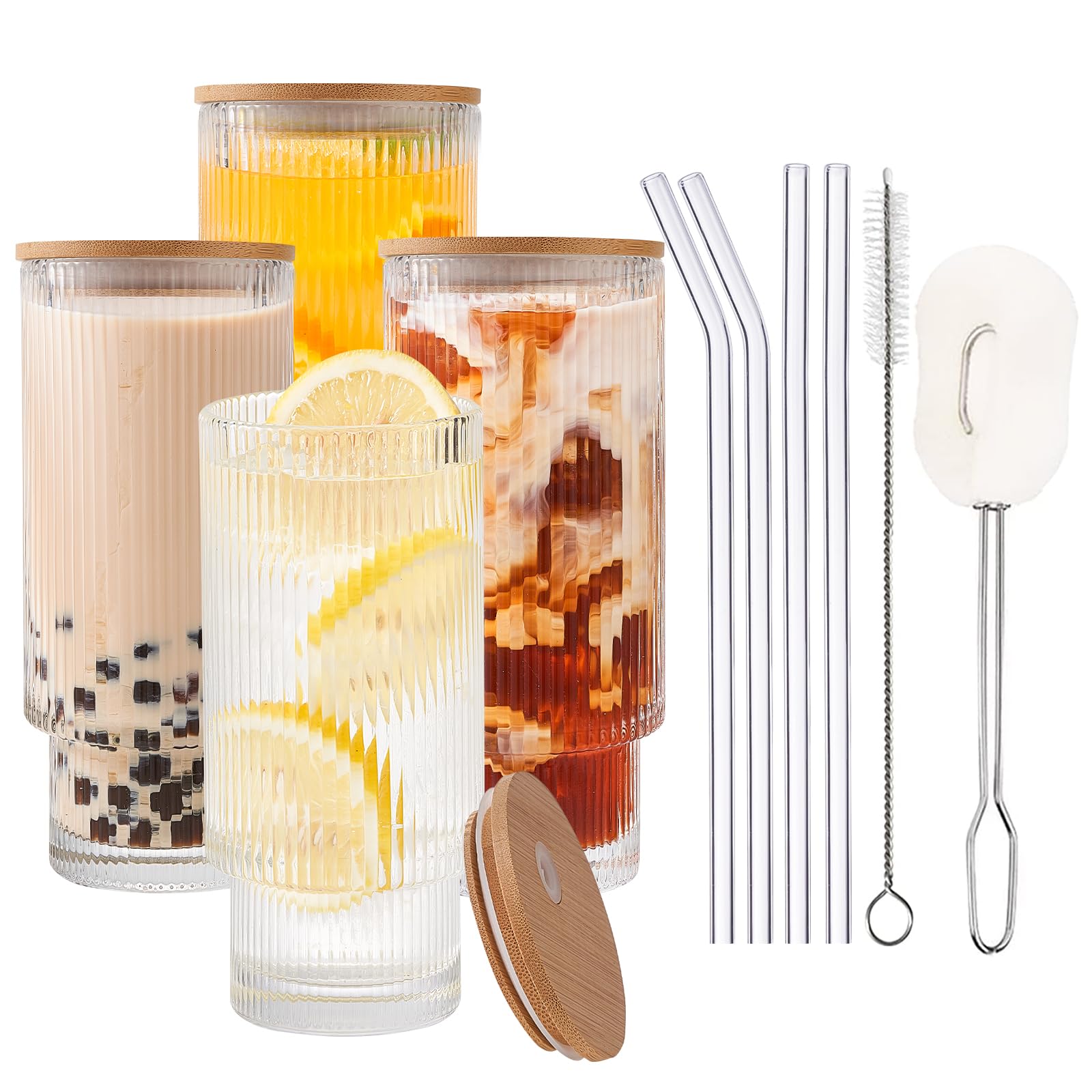 Verres à Café Nervurés - Lot De 4, 300 Ml, Transparents, Avec Brosse De Nettoyage, Empilables