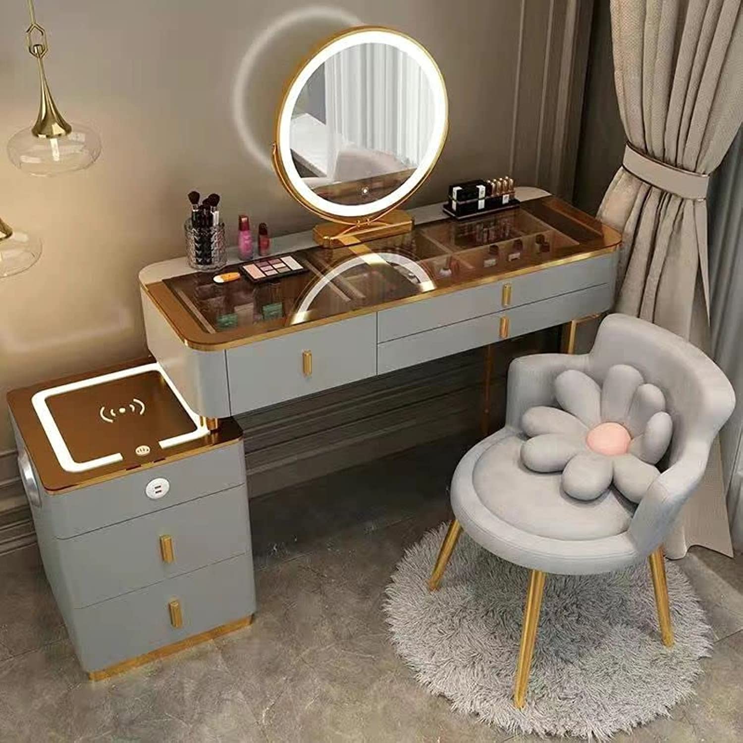 Distinctive Modern Dressing Table, Advanced Solid Wood, Round Smart Mirror with Strong LED Lighting in three Color Modes, Smart Side Table with Wireless Charging and a Comfort Chair. (Gray)