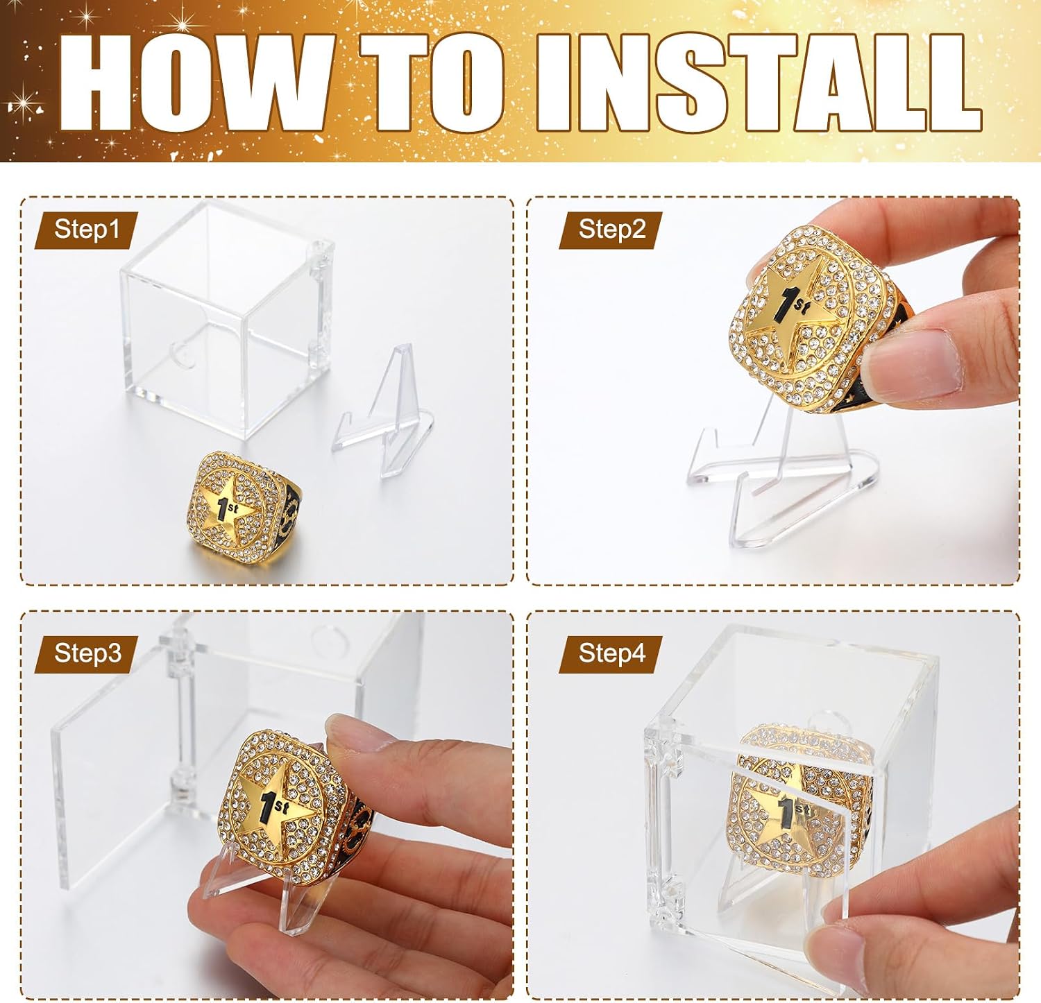 Highergo 3 Pcs 1st 2nd 3rd Place Championship Trophy Rings with Clear Acrylic Display Box and Ring Stand Holder Finalist Participant Gold Silver Bronze Tone Ring for Finalist Participant Match