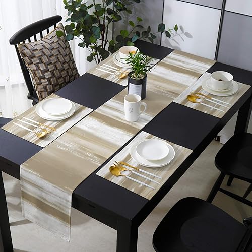 Libaoge Manteles individuales de granja con camino de mesa de arpillera de 70 pulgadas de largo, textura abstracta caqui marrón, manteles