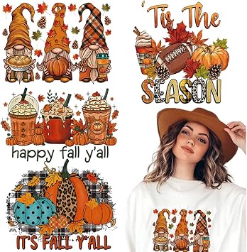 4 Sheets Fall Thanksgiving Iron On Transfers for T-Shirts, Heat Transfers Vinyl Harvest Pumpkin Maple Leaf Dwarf HTV Vinyl Iron on Decals for T-Shirt Clothes Pillow Hoodie DIY Crafts