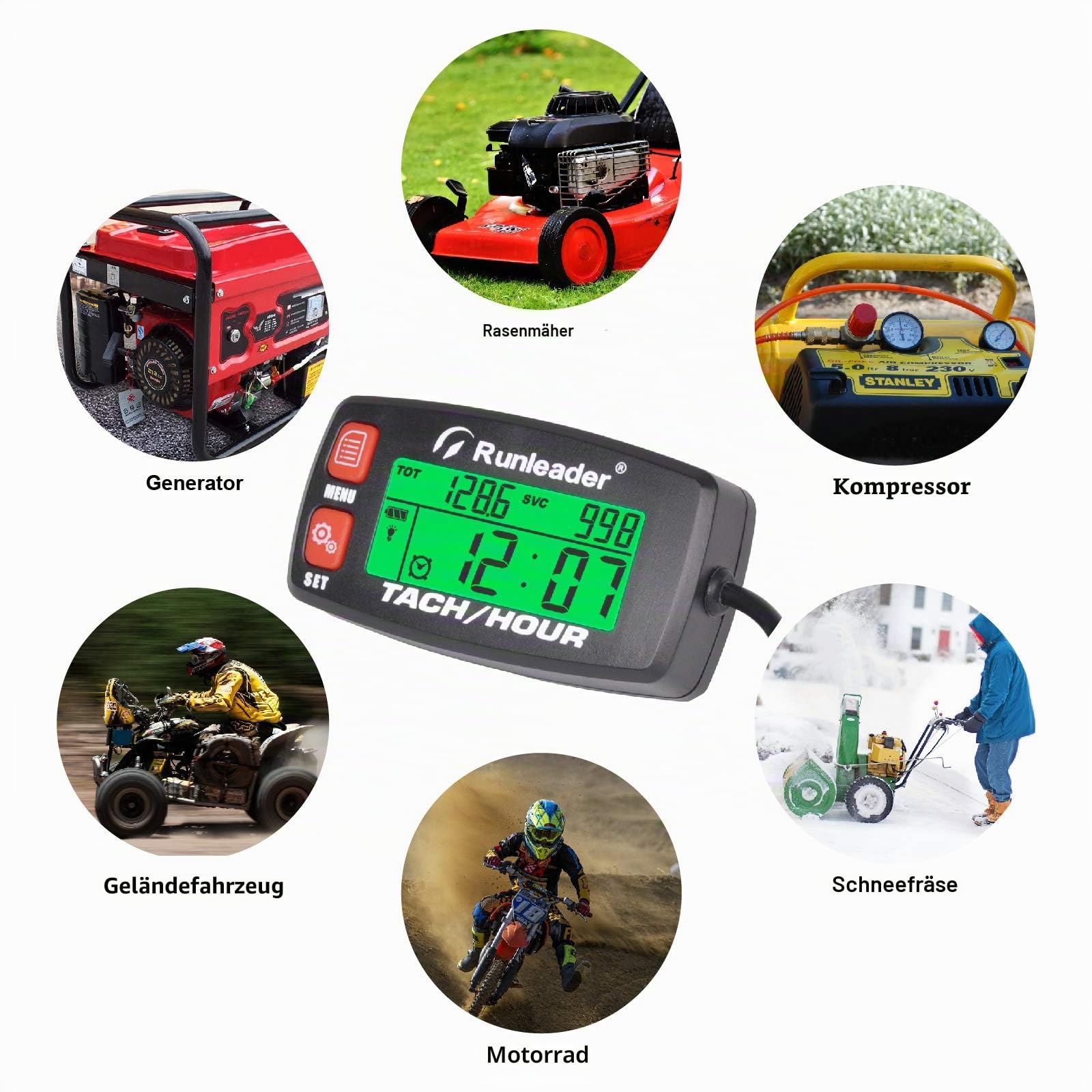 Runleader Digitaler Gasmotor-Drehzahlmesser, Stunden- und Drehzahlaufzeichnung, Betriebsstundenzähler mit Hintergrundbeleuchtung, Batterie austauschbar für Aufsitzmäher