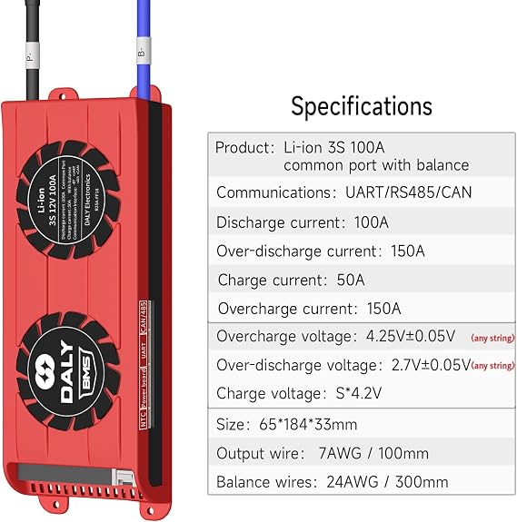DALY Smart BMS Li-ion 3S 12V 100A PCB Battery Protection Board with CAN 485 and UART Communication Bluetooth Battery Monitoring Module for Household Energy Storage(Smart BMS+RS485+CAN,100A Fan)