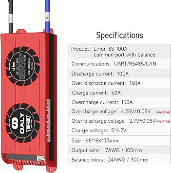 DALY Smart BMS Li-ion 3S 12V 100A PCB Battery Protection Board with CAN 485 and UART Communication Bluetooth Battery Monitoring Module for Household Energy Storage(Smart BMS+RS485+CAN,100A Fan)