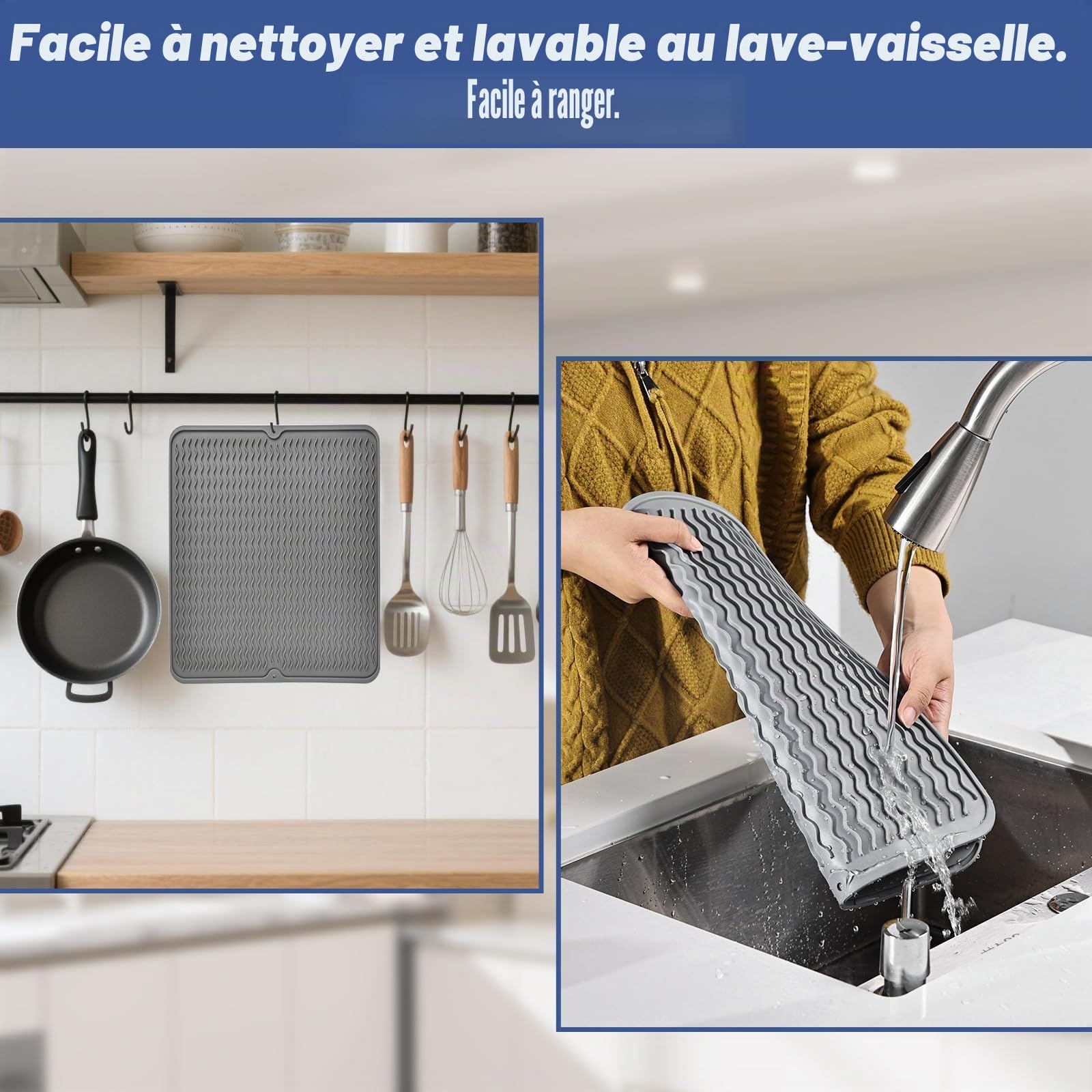 KitchenRaku Tapis Égouttoir en Silicone Résistant à la Chaleur pour Cuisine, Dessous de Plat Antidérapant, Dessous de Verre
