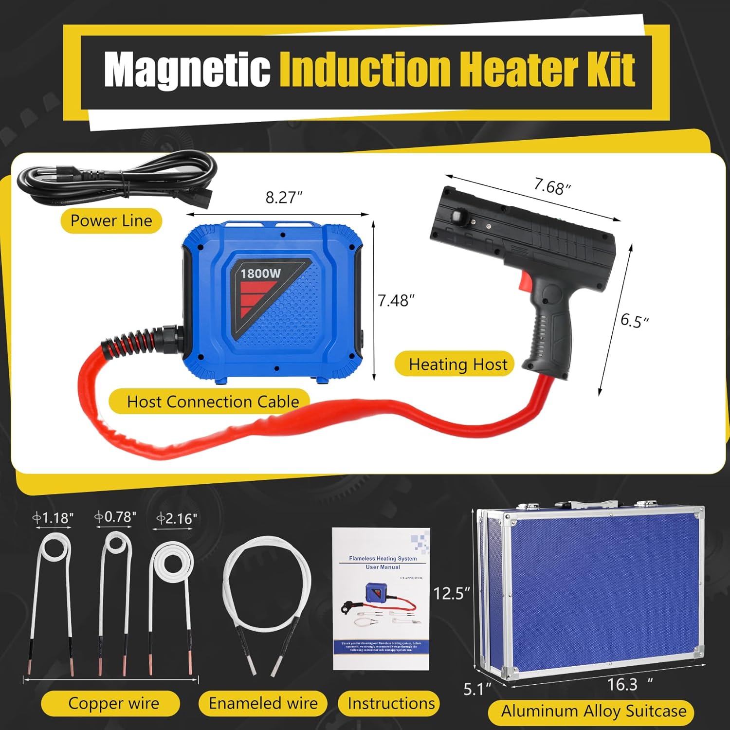 Magnetic Induction Heater Kit, 1800W Induction Heating Bolt Removal, Lightweight Induction Bolt Buster for Rusty Screw Removal with 4 Coils And Storage Box, Single Handed Operation, 8S Heating Up