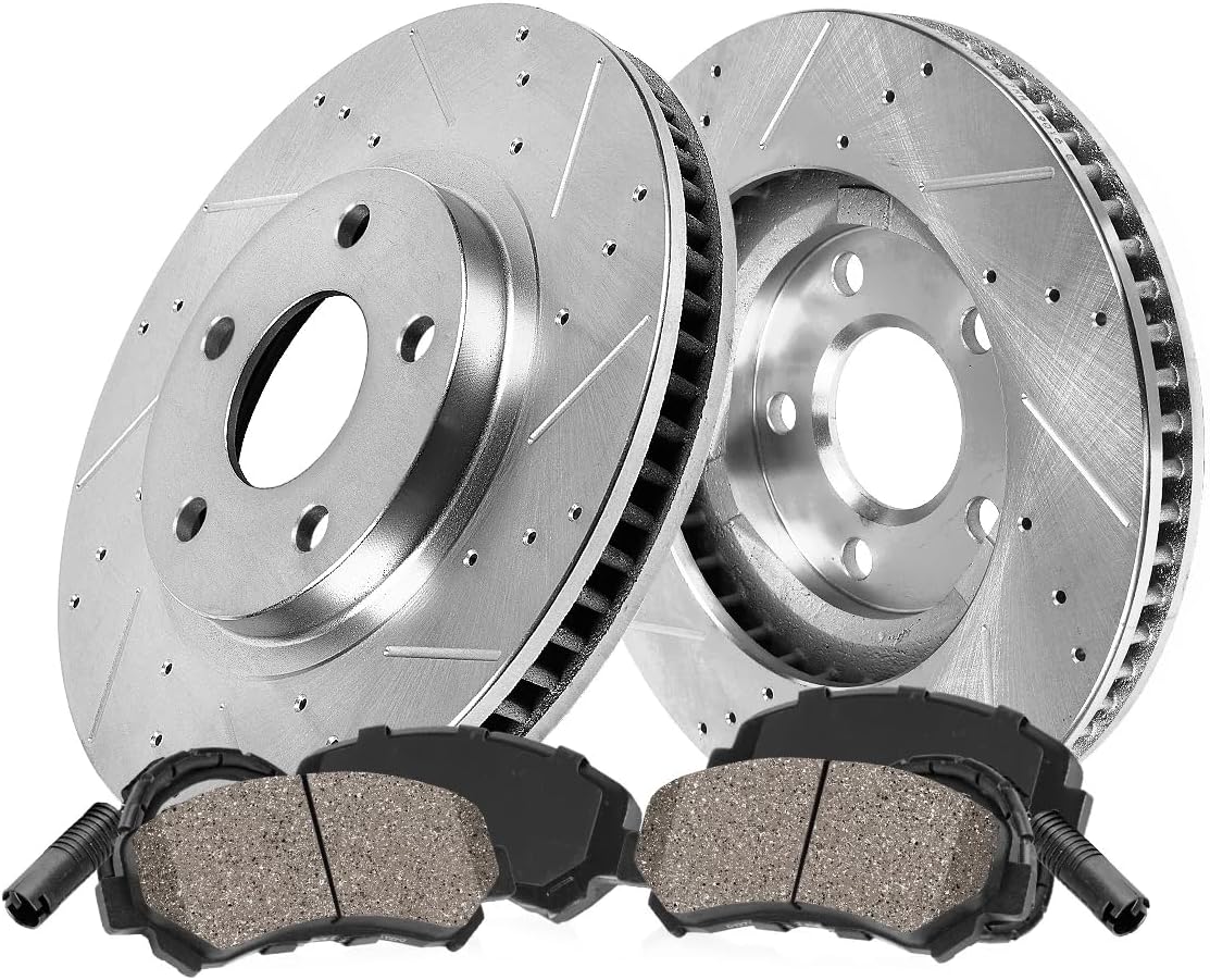 Callahan Brake Parts Front Brake Kit For BMW X5 2011-18 | BMW X6 2011-19 - Drilled & Slotted Disc Rotors with Ceramic Brake Pads + Sensors, EBYK034474