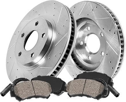 Callahan Brake Parts Front Brake Kit For BMW 528i 2011-16 | BMW 528i xDrive 2012-16 - Drilled & Slotted Disc Rotors with Ceramic Brake Pads + Sensors & Hardware, EBYK028901