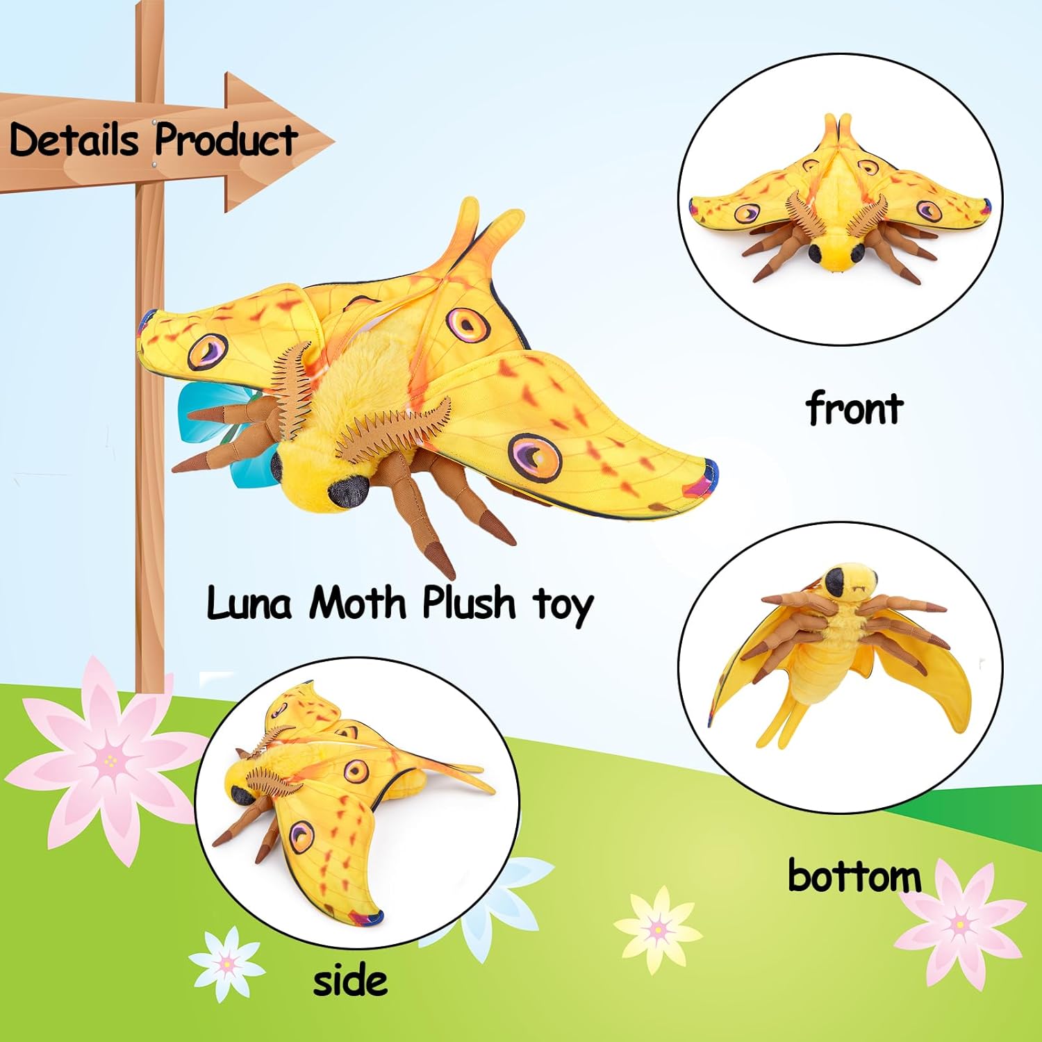 Tiny Heart Simulation Luna Moth Plush Toy 14.96inch Soft Realistic Luna Moth Stuffed Animal Plush Toy for Kids Insect Lovers Boys and Girls Gifts Home Decoration Yellow
