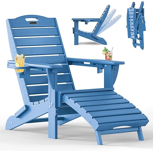 Folding Adirondack Chair with Retractable Ottoman Weather Resistant Fire Pit Chair Patio Chair with 2 Cup Holder Lawn Outdoor Lounge Chair (Navy Blue)