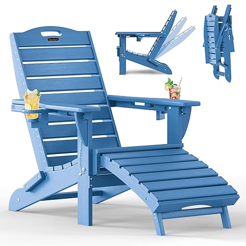 Folding Adirondack Chair with Retractable Ottoman Weather Resistant Fire Pit