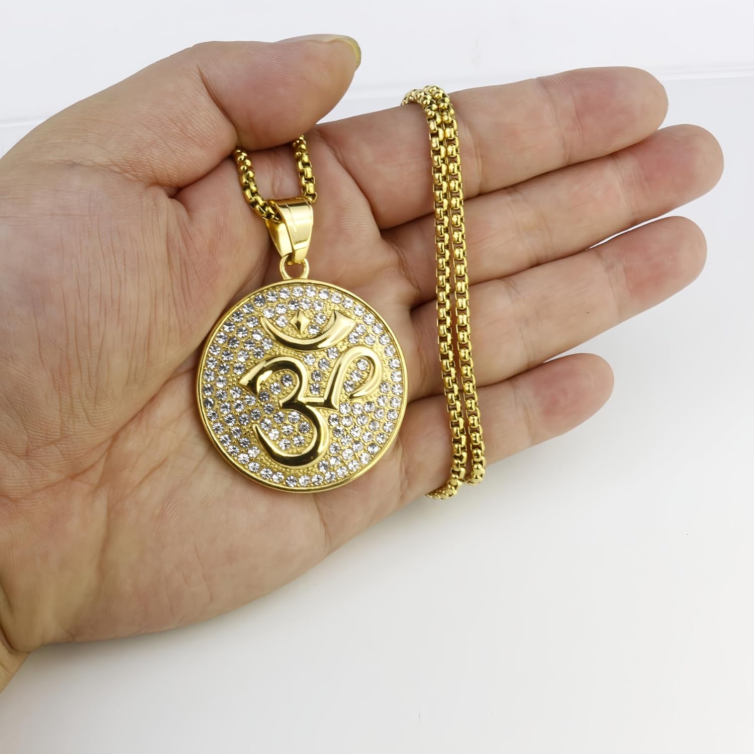Om/AUM Symbol Necklace, Gold-Plated Stainless Steel, Crystal Pendant，Hindu Buddhist Yoga Meditation 23.6+1.97IN Chain - Image 5