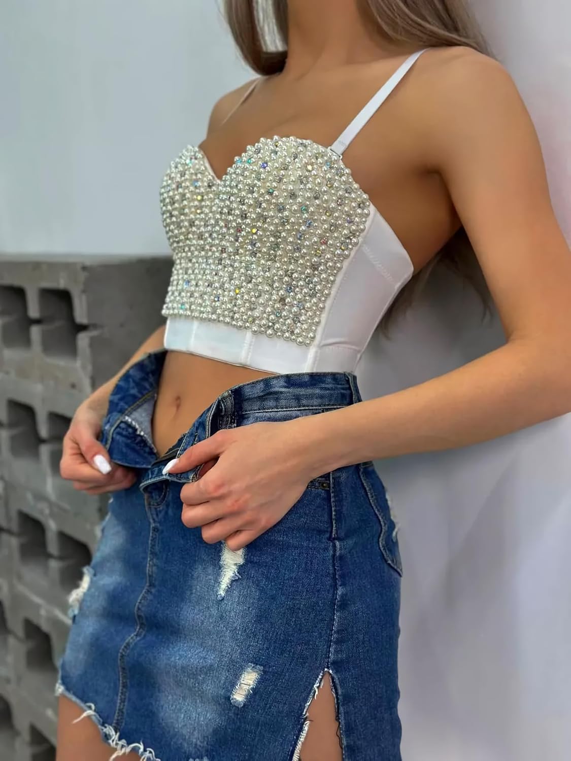 Women's Pearls Bead Bustier Crop Top Wedding Club Party Sexy Corset Top Bra White - Image 2