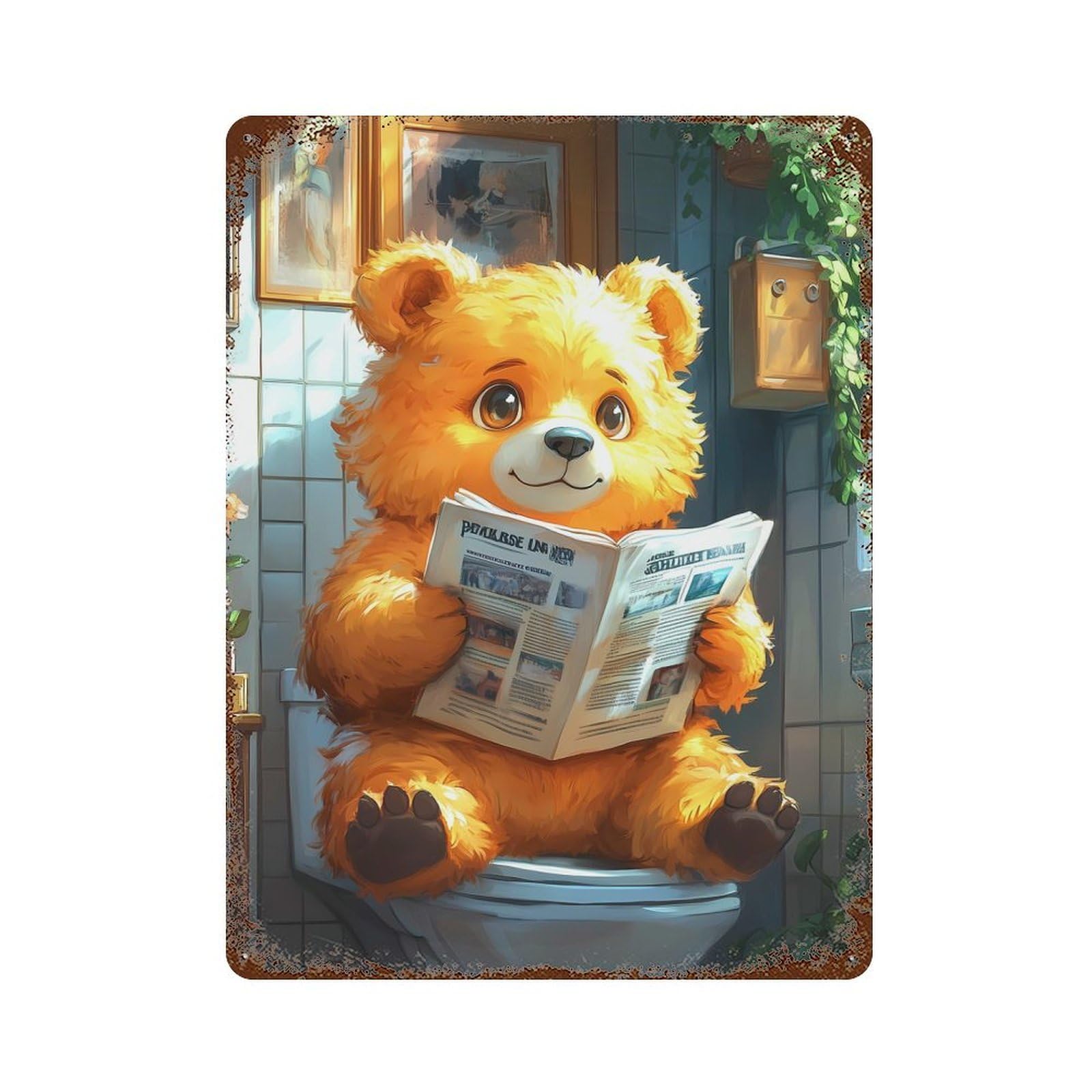 Bear Reading Newspaper on Toilet Funny Rust Effect Tin Sign 15.7"x11.8", for Bistro, Counter And Cafe Decor, Shabby Chic Decor