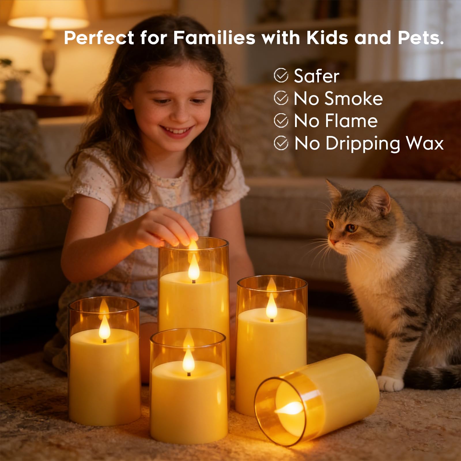 Fo32won Candele a pilastro a LED color ambra senza fiamma, funzionamento a batteria, con telecomando e timer, set di 5 candele tremolanti a LED in plexiglass con fiamma 3D