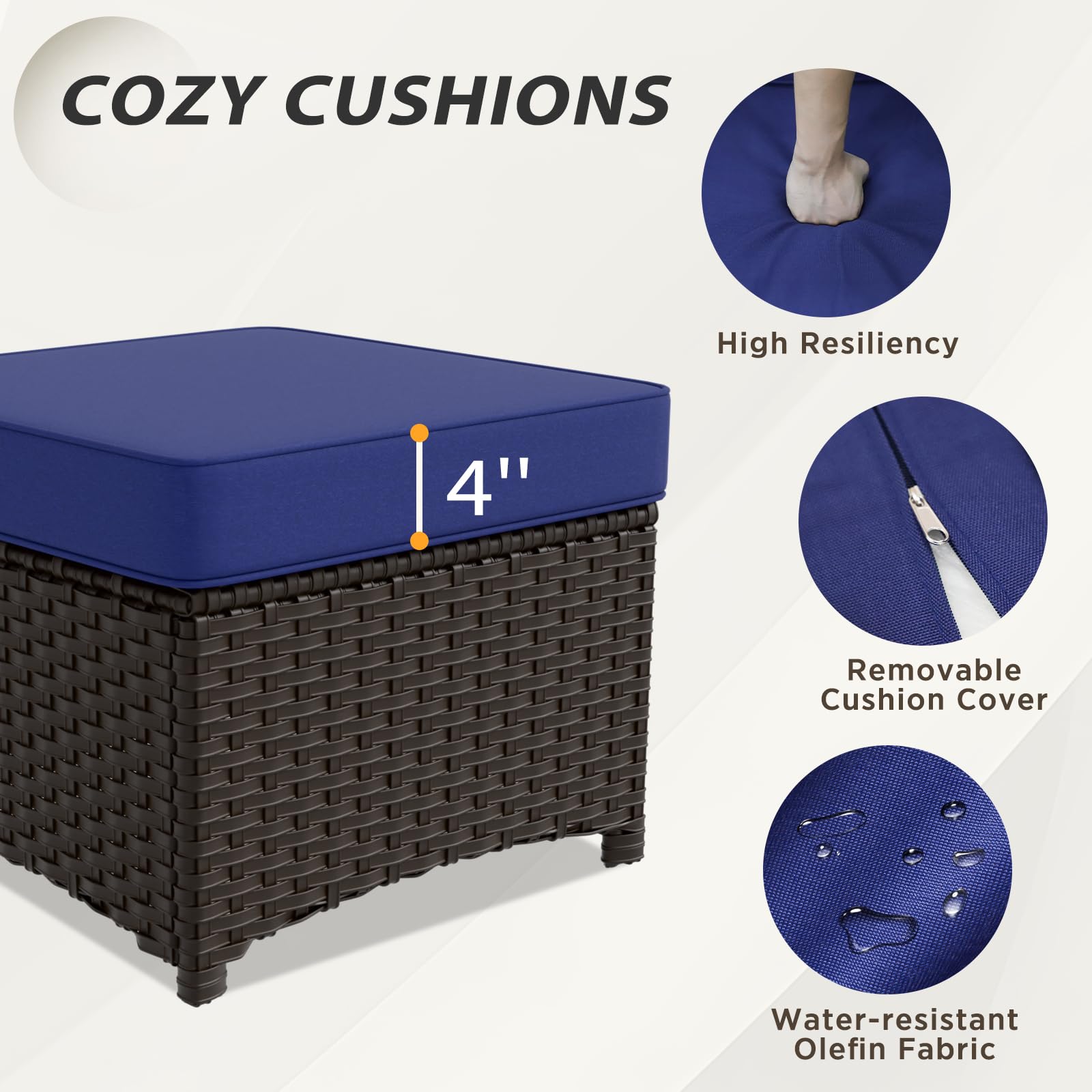 EAGLE PEAK Azure Bay 2 Piece Wicker Patio Ottoman Set Weather-Resistant Cushions for Patio Deck Backyard Poolside, Brown/Blue