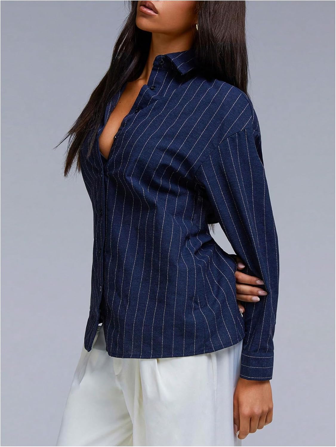 Floerns Women's Striped Tie Open Back Long Sleeve Shirts Button Down Dressy Casual Blouse Tops - Image 4