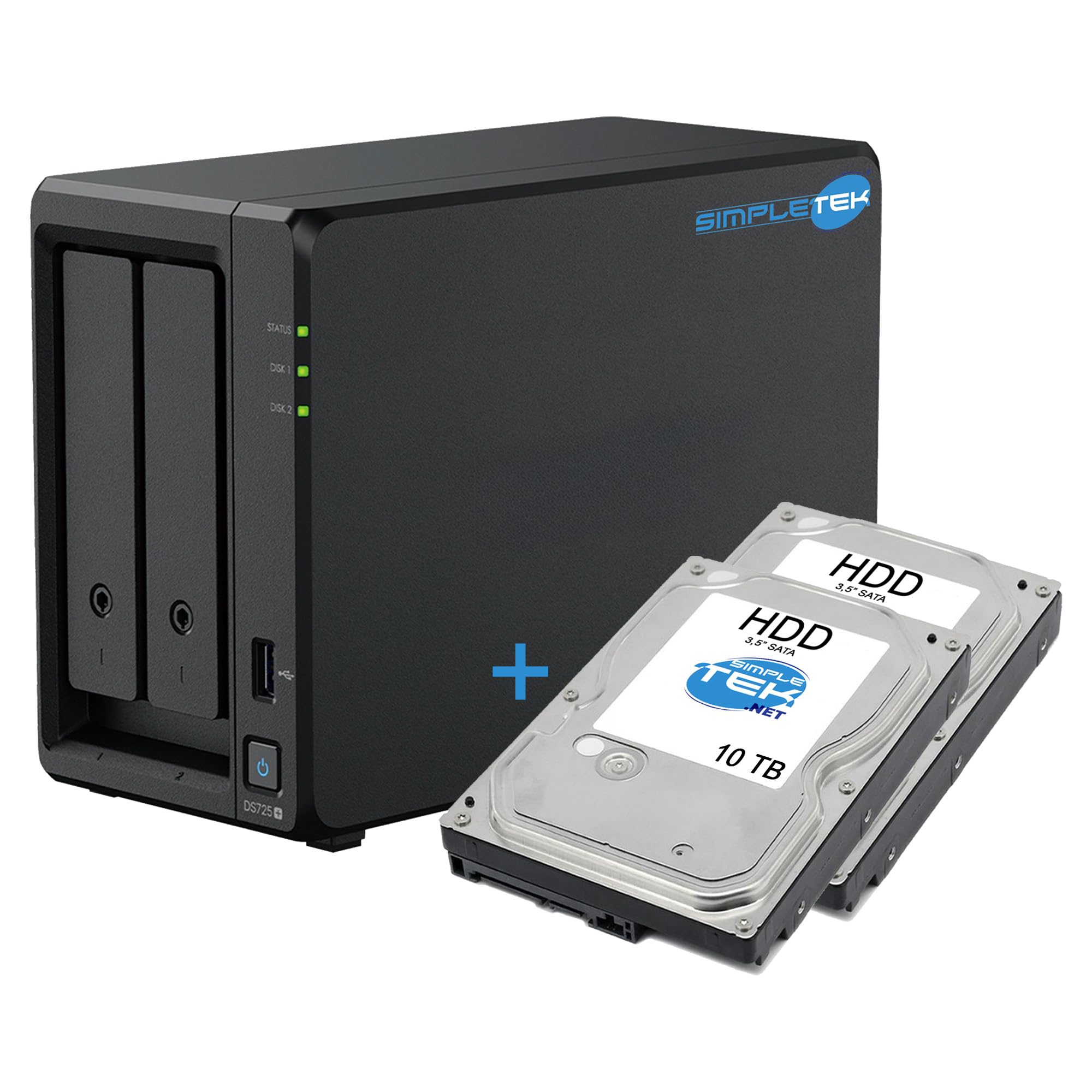 SIMPLETEK - Profesjonalny 2-komorowy serwer NAS - 4 GB RAM DDR4 ECC - w zestawie 2 x dysk twardy 10 TB - 2 wbudowane gniazda M.2 NVMe - Port LAN 2,5 GbE
