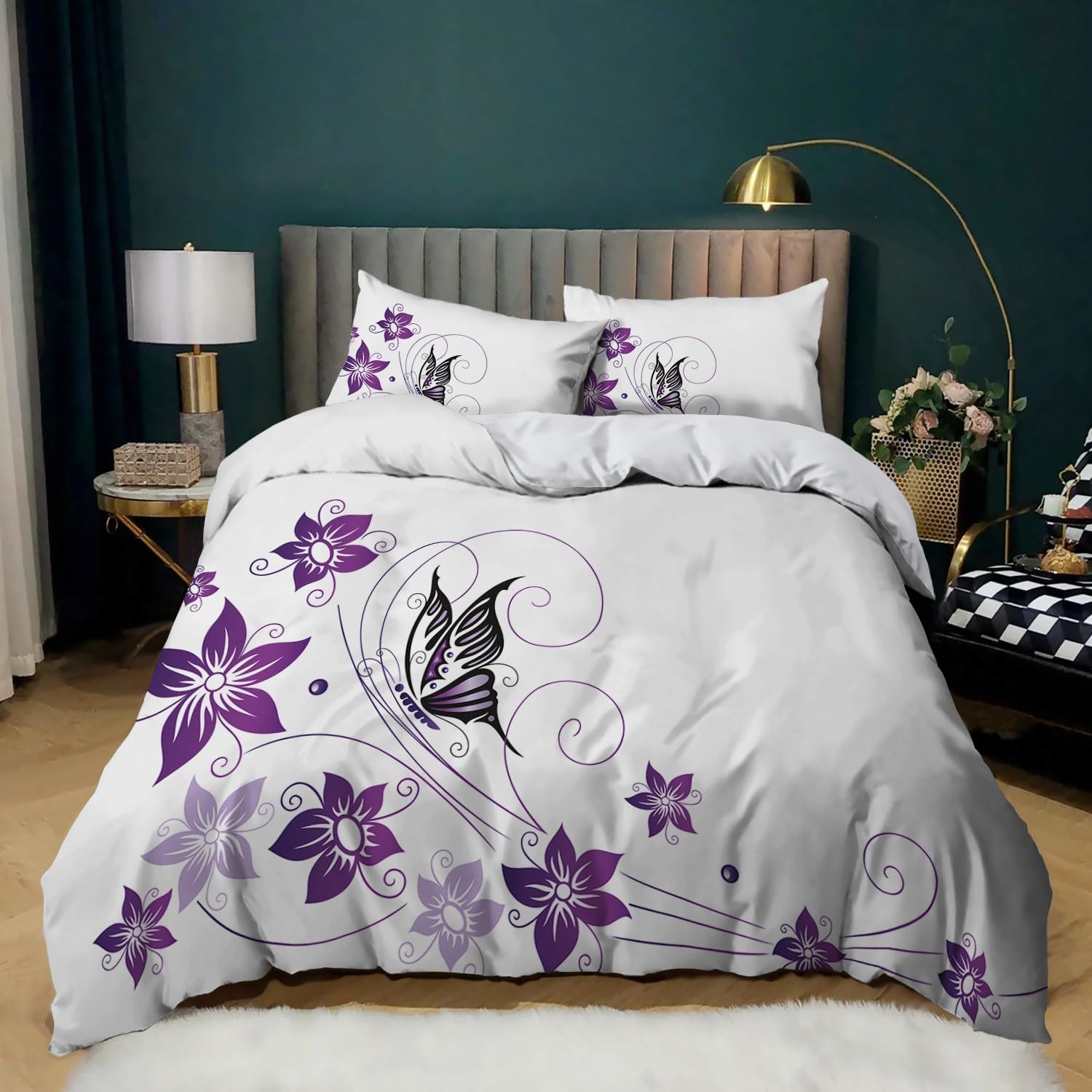 Sets de housse couette microfibre à motif floral violet 3D avec 2 taies d'oreillers carrées
