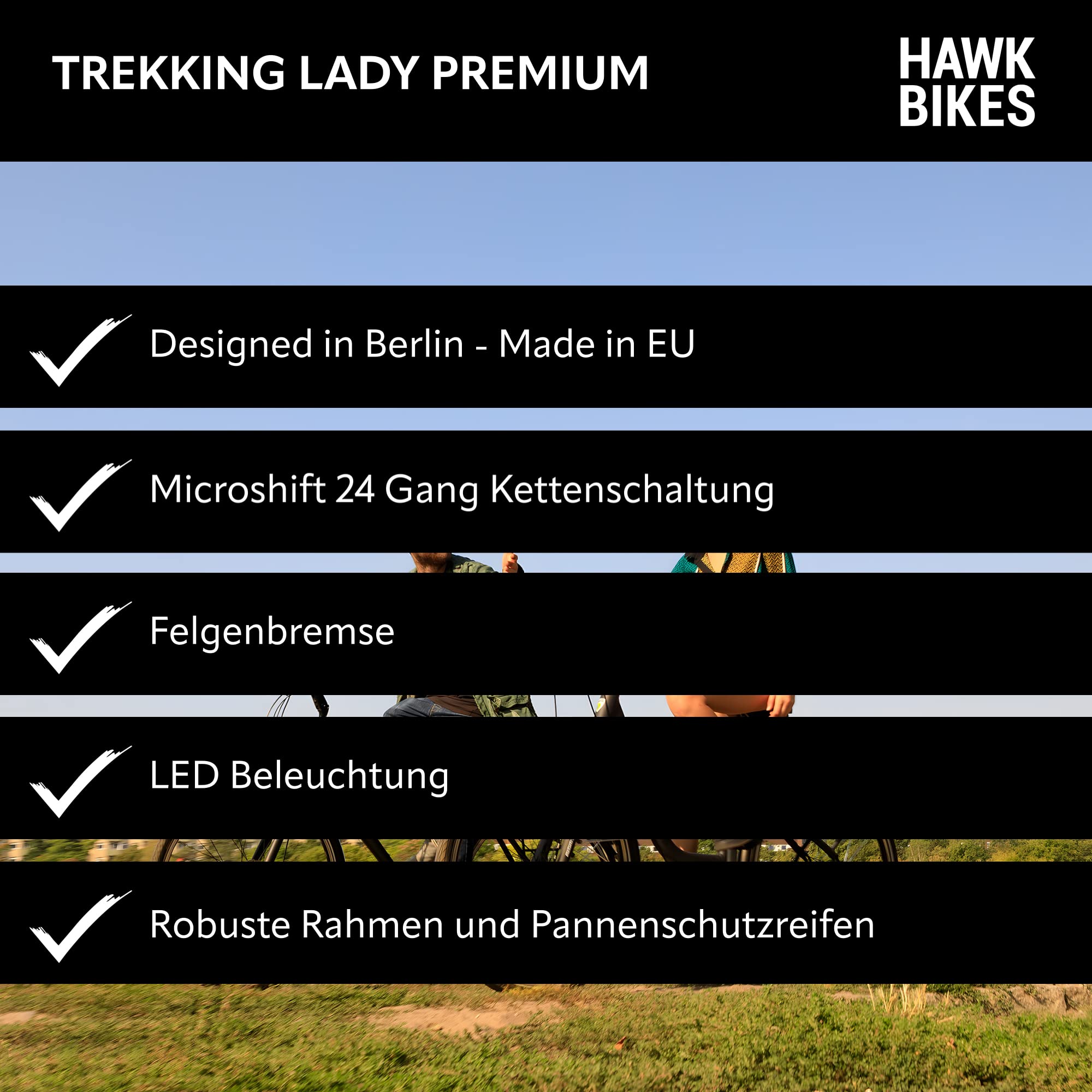 HAWK Trekking Lady Premium Fahrrad Damen I Bike mit Microshift 24 Gang Kettenschaltung, Felgenbremse & LED Beleuchtung I Allrounder I Schwarz