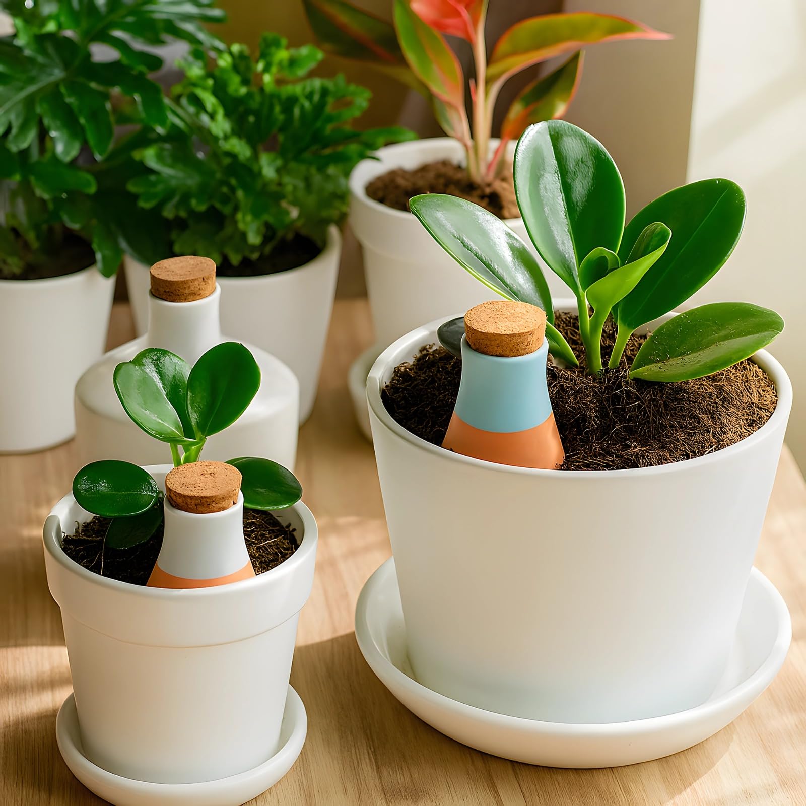4 pièces cônes d'arrosage automatique en terre cuite pour plantes d'extérieur, grands cônes en céramique avec bouchon en liège, pour jardin, réduit le gaspillage d'eau, vert, bleu, rose et orange