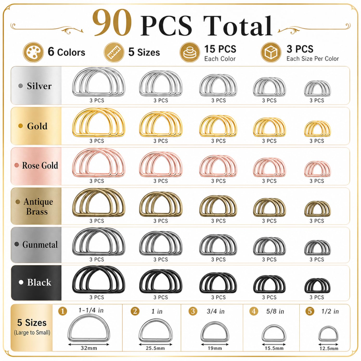 Metal D Rings - 90 Pcs for Bags & DIY Projects -3 Metal D Rings - 90 Pcs for Bags & DIY Projects -3