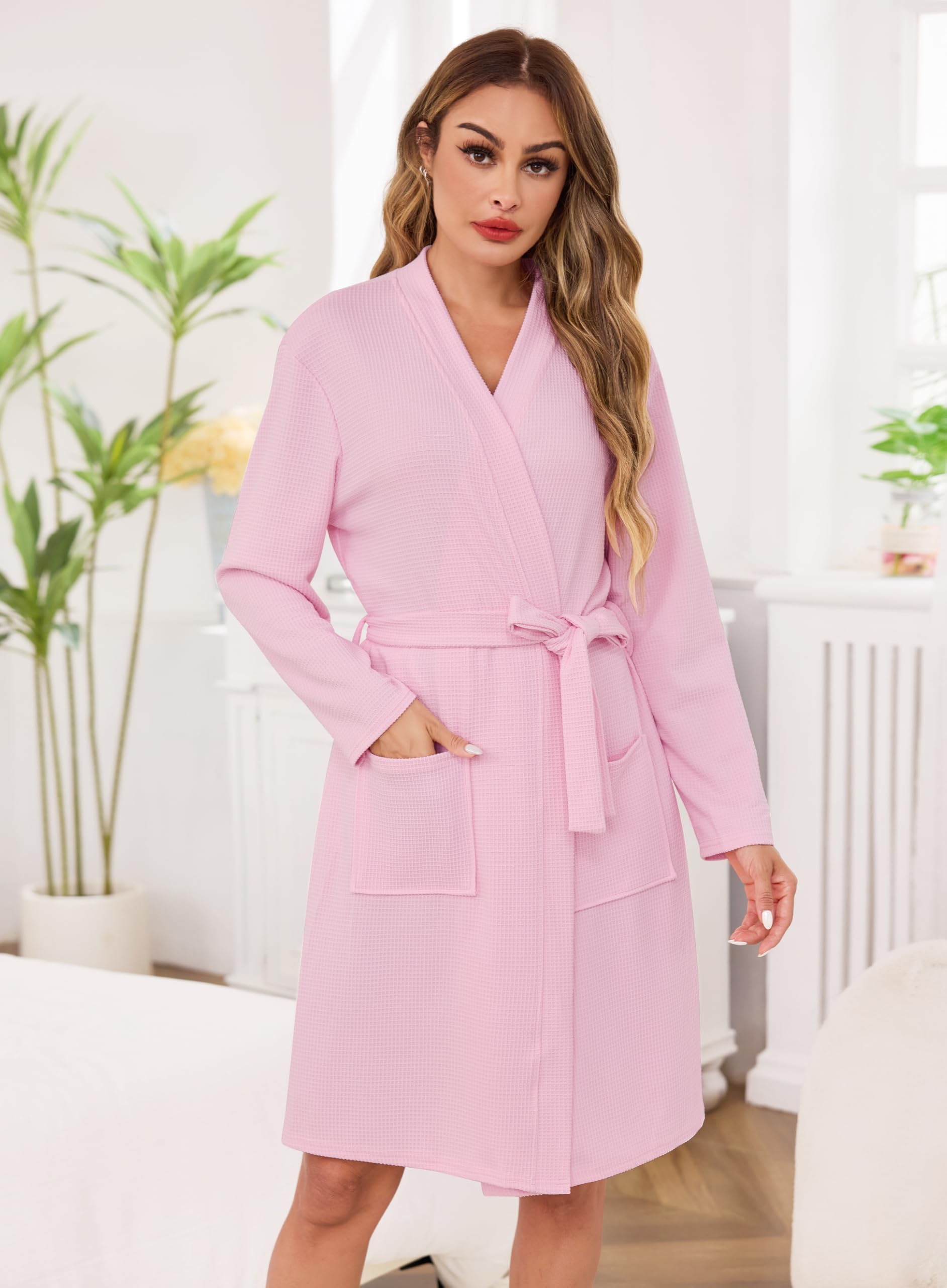Sopesil Peignoir de Bain Femme Coton Robe de Chambre en Tissu Waffle à Manches Longues avec Col V Kimono Femme Ceinture et Poches Hôtel Spa Tailles S-XXL