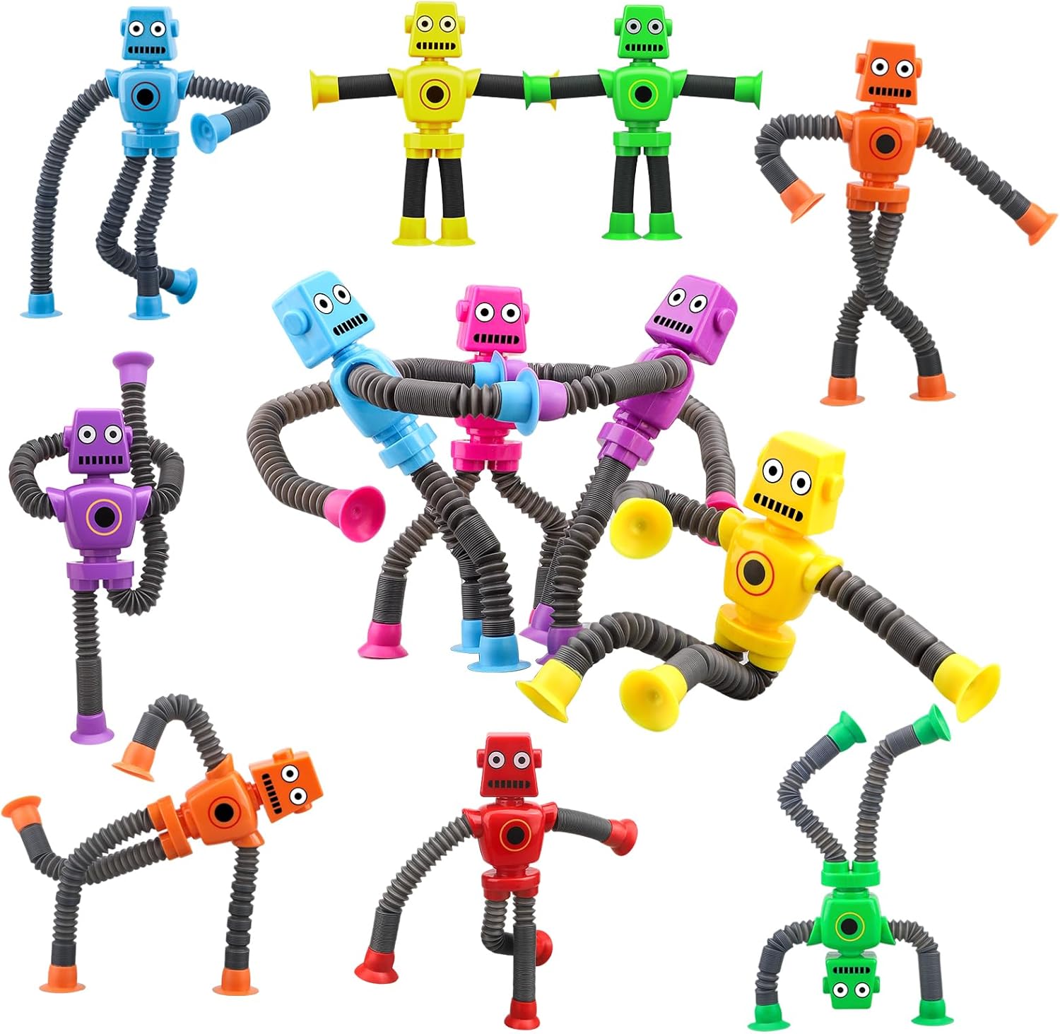 ​​Dilabnba 12 PCS Suction Cup Fidget Pop Tube Robot Sensory Toys - Transformable Telescopic Tube, Travel Toys for Kids Toddlers (Ages 3-10) Stocking Stuffer Gift