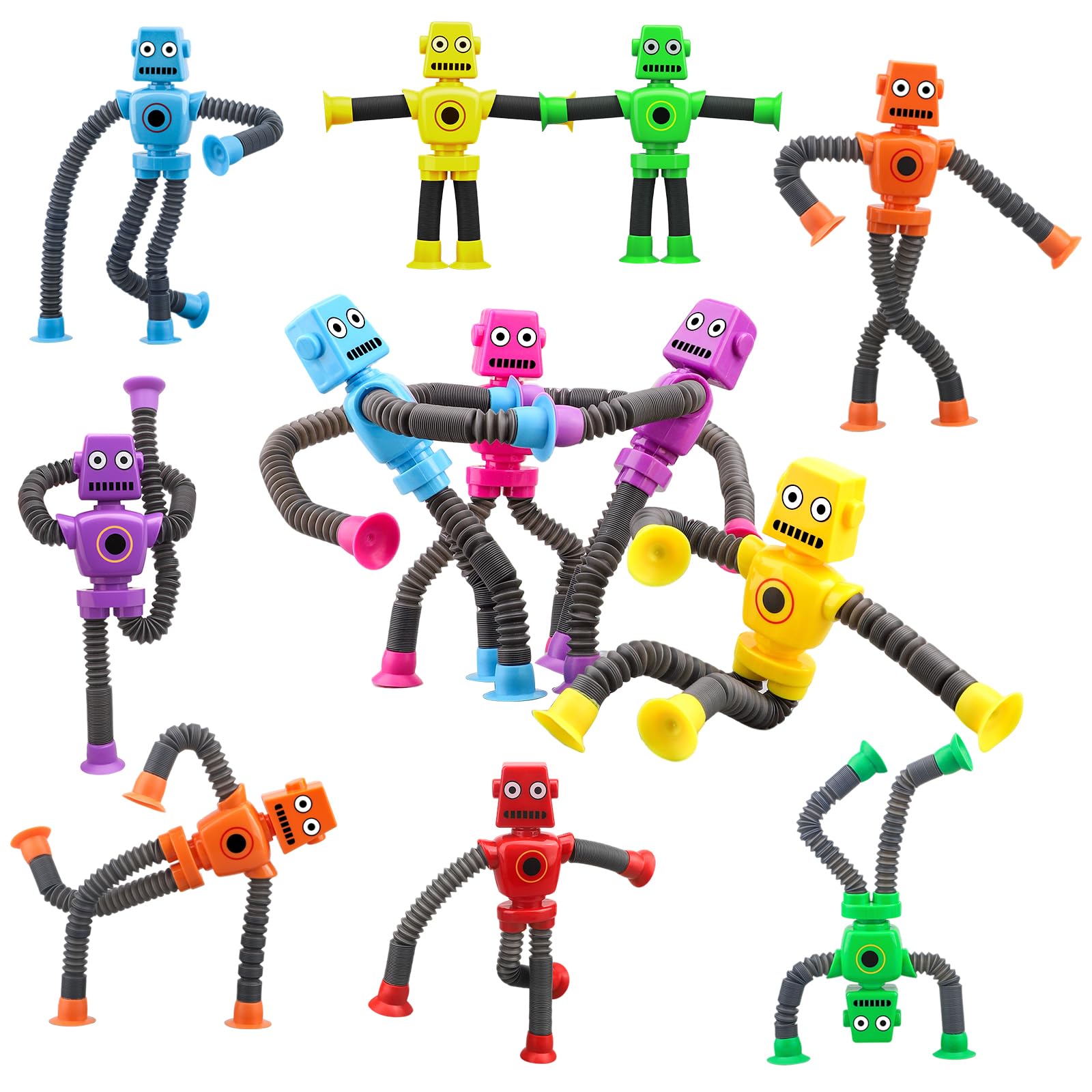 12 PCS Transformable Robot Suction Cup Sensory Travel Toys - Pop Tube Fidget Toys for Kids Toddlers, Connect & DIY Stocking Stuffer Party Favor Gift
