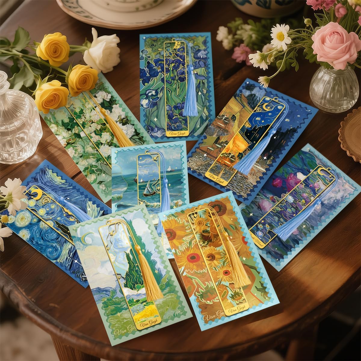 8 Pieces Metal Bookmarks with Tassel, Golden Hollow Bookmark Van Gogh Monet Oil Painting Theme Book Mark for Book Lovers Writers Readers Children Teens Men Women Adults
