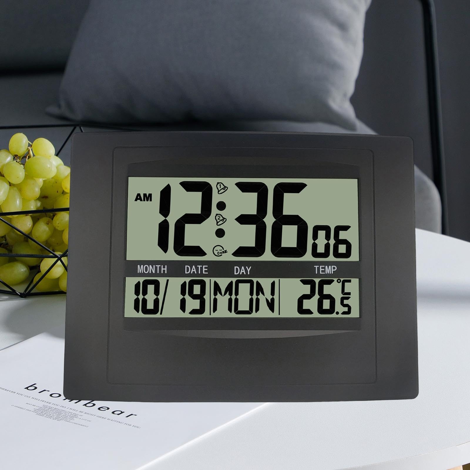 Digitale Wanduhr, geräuschlos, mit Datums-, Innentemperatur- und großem Display, für Nachttisch, Büro, Schlafzimmer oder Wohnzimmer, Schwarz