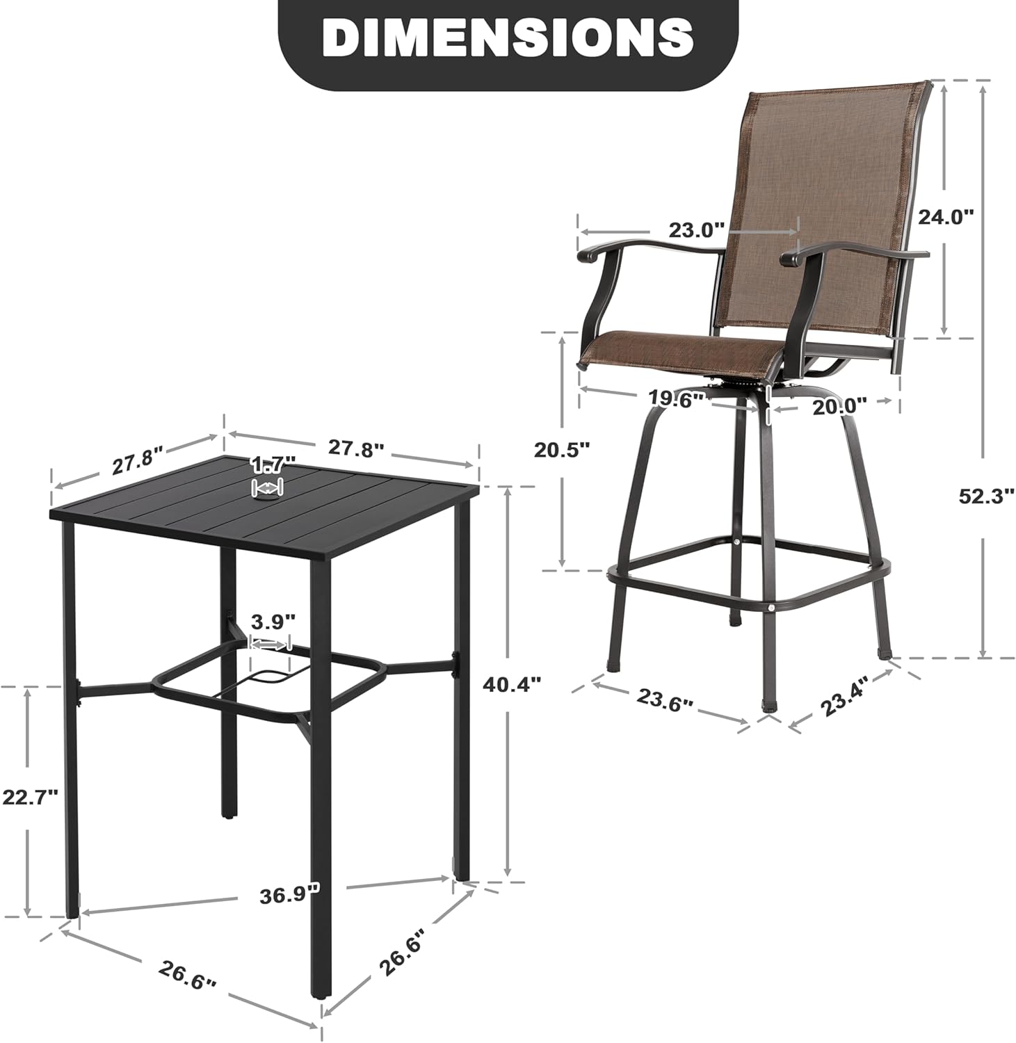 NUU GARDEN Outdoor Bar Set 3 Piece, Patio Square Tempered Glass Table with Textilene Swivel Bar Stools High Backrest, Outdoor Furniture for Garden Backyard, Brown Black
