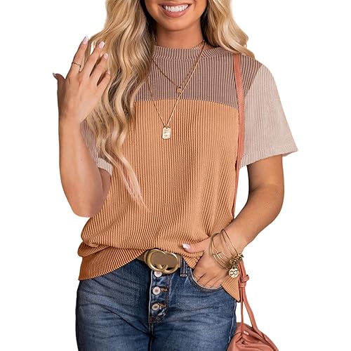 Dokotoo Womens Color Block Fashion Short Sleeve Crewneck Knitted Spring Summer Casual Loose T Shirts Tops