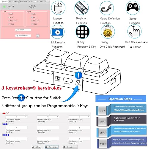 Miniatura 5 de Mini teclado mecánico inalámbrico USB tipo C Bluetooth de 3 teclas, 9 teclas, teclado macro gammable para juegos, control con una sola mano,