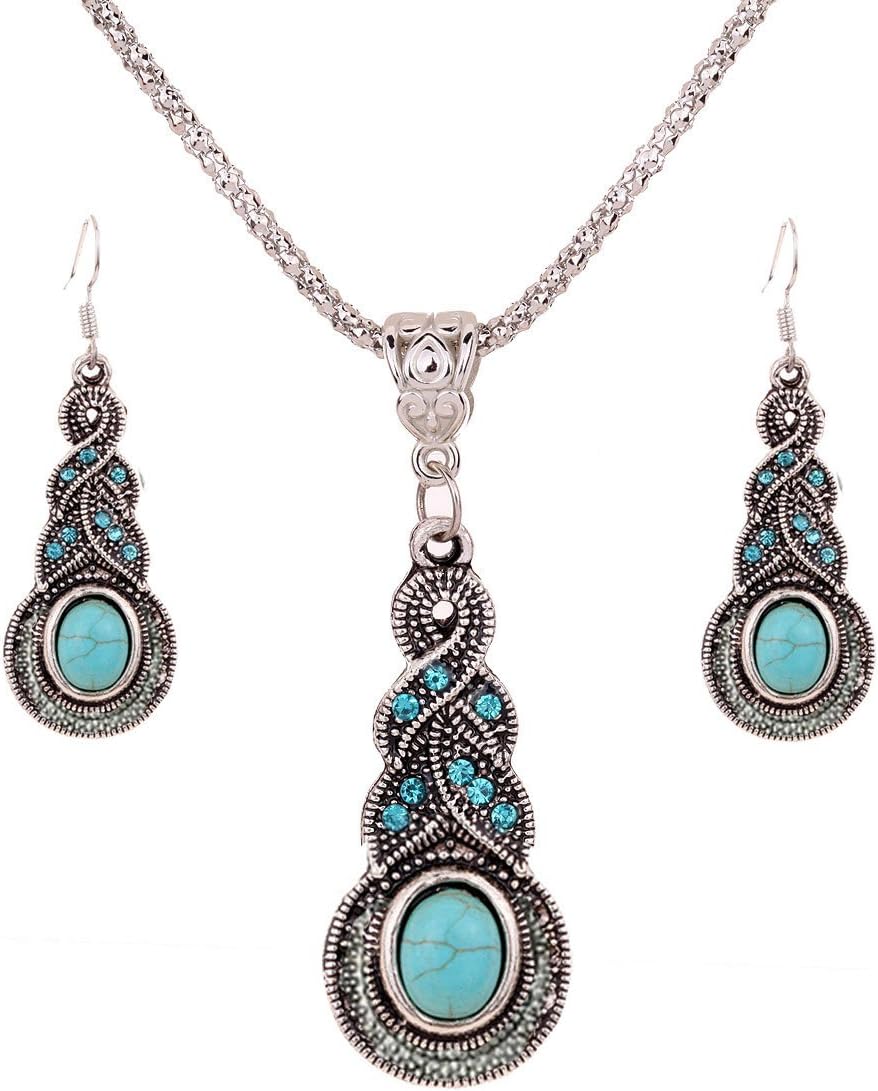 YAZILIND Jewellery Tibetan Silver Inlay Oval Turquoise Charming Crystal Necklace Earrings Set for Women