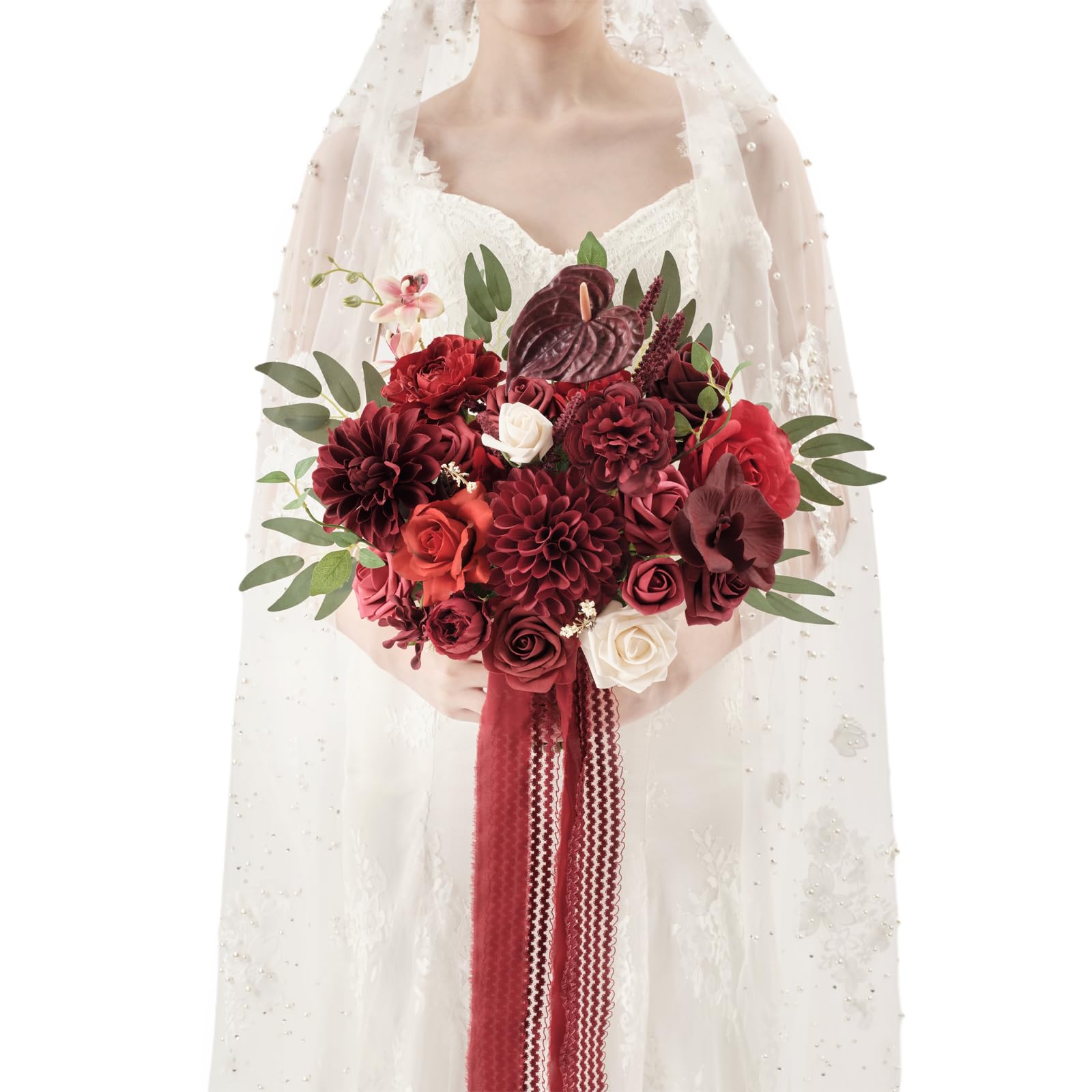 TINGE TIME 11 Inch Wedding Bouquets for Bride, Burgundy Artificial Flowers Bouquet, Brides & Bridesmaids Bouquet Tossing Bouquet for Wedding Anniversary Ceremony Bridal Shower Decorations