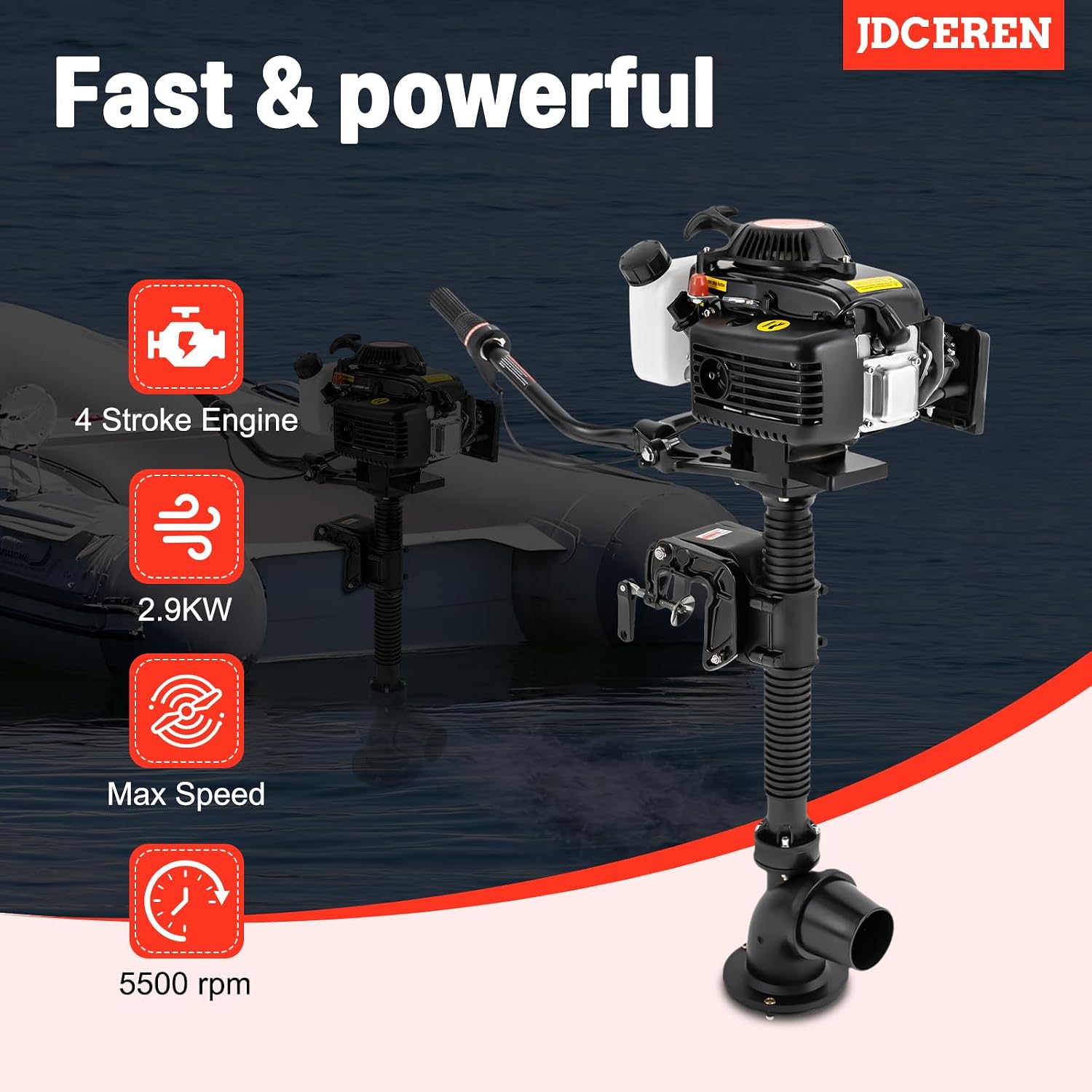 4HP 4 Stroke Outboard Motor 55CC Gas Powered Jet Pump Boat Engine Manual Start Wind Cooling System with CDI Ignition for Rubber Boats, Wooden Boats