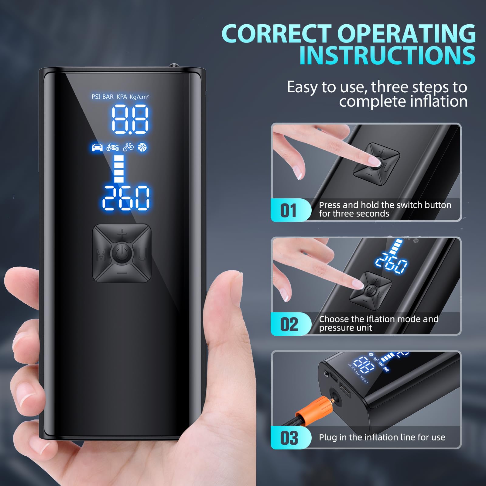 GJOSYOI Tire Inflator Portable Air Compressor, 2X Faster Inflation Air Pump with Tire Pressure Gauge and LED Light, 150 PSI Portable Compressor for Cars, Balls, Bikes and Motorcycles